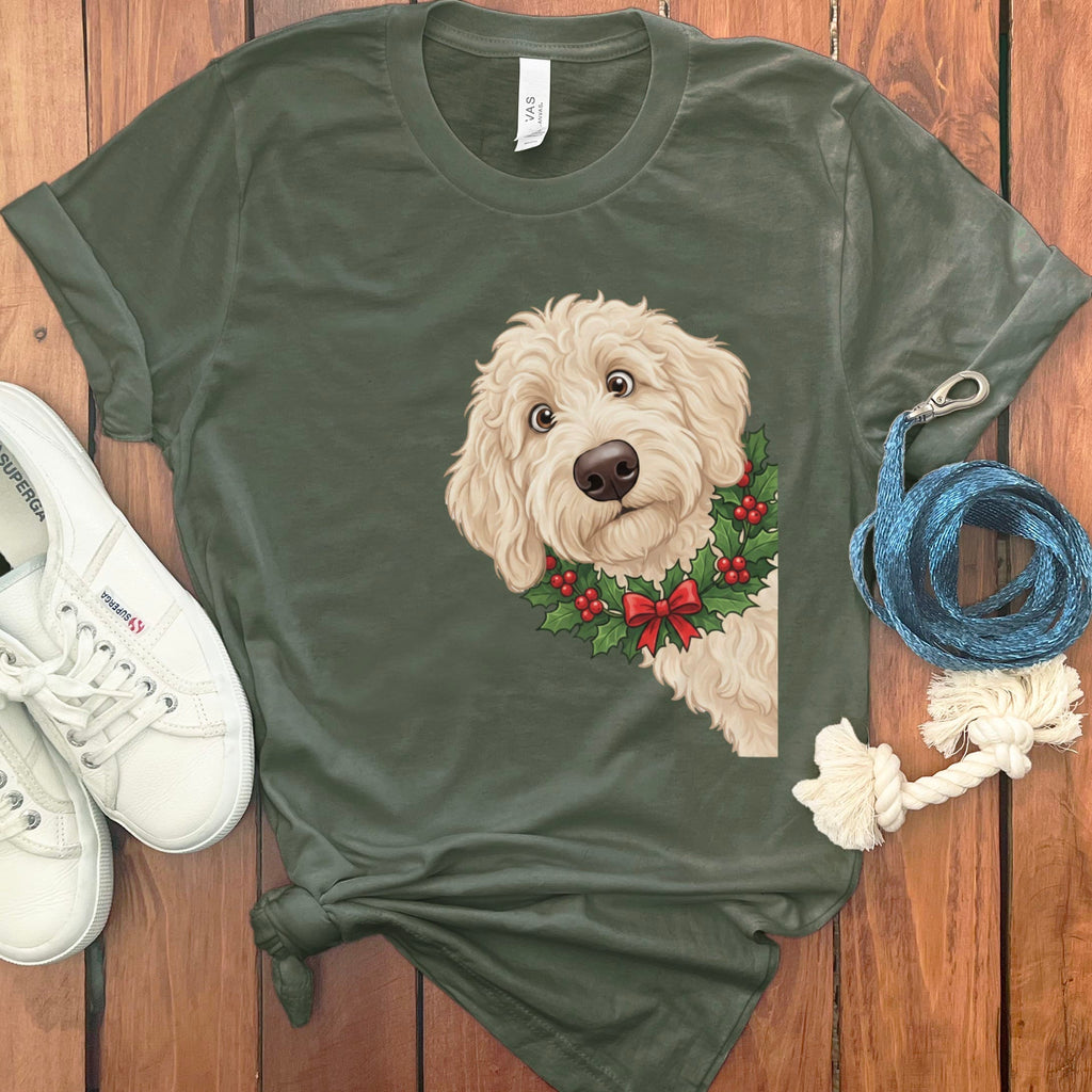 Peeking Holly Cream Goldendoodle T-Shirt in Military Green / M / T-Shirts by Puppy Jo