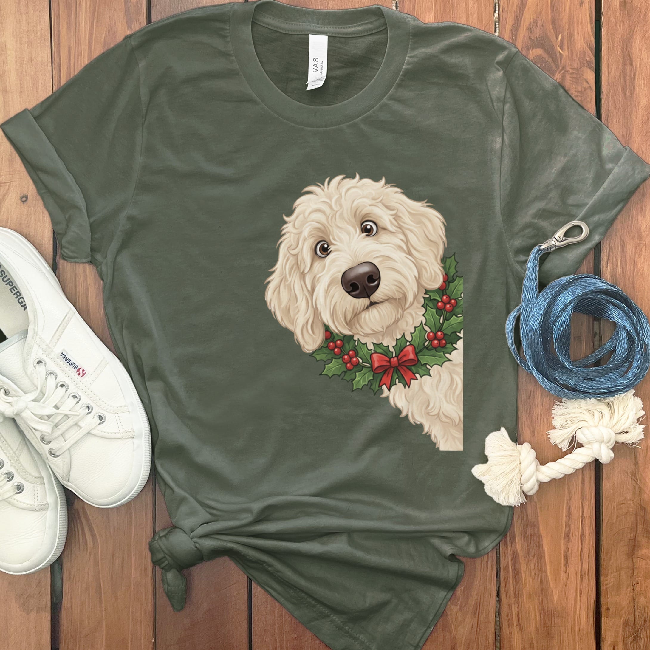 Peeking Holly Cream Goldendoodle T-Shirt in Military Green / M / T-Shirts by Puppy Jo