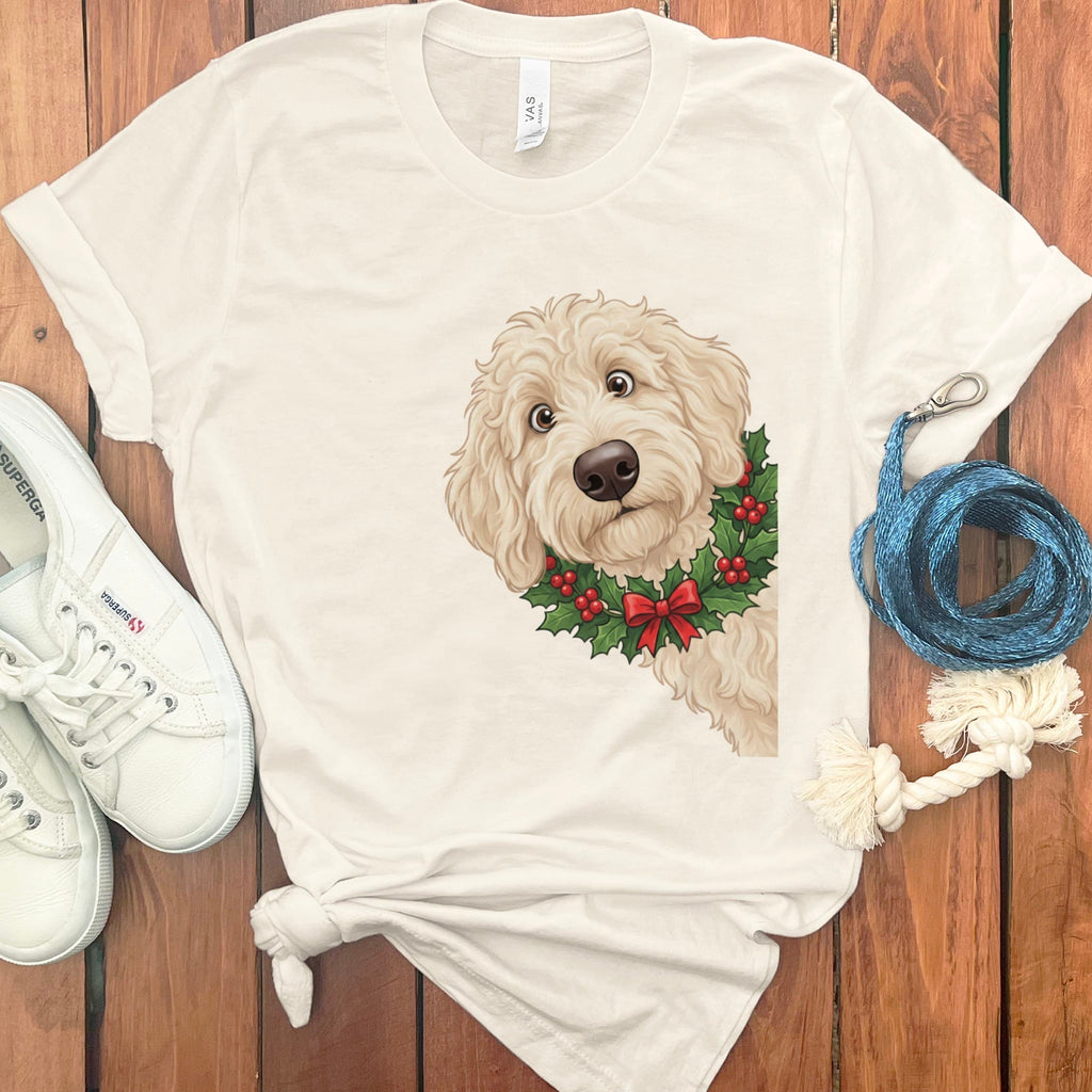 Peeking Holly Cream Goldendoodle T-Shirt in Natural / M / T-Shirts by Puppy Jo