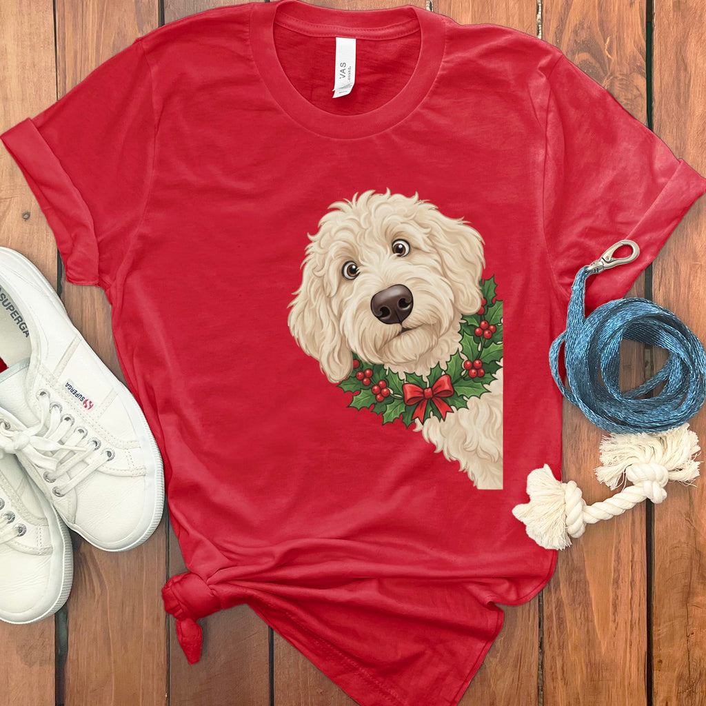 Peeking Holly Cream Goldendoodle T-Shirt in Red / M / T-Shirts by Puppy Jo
