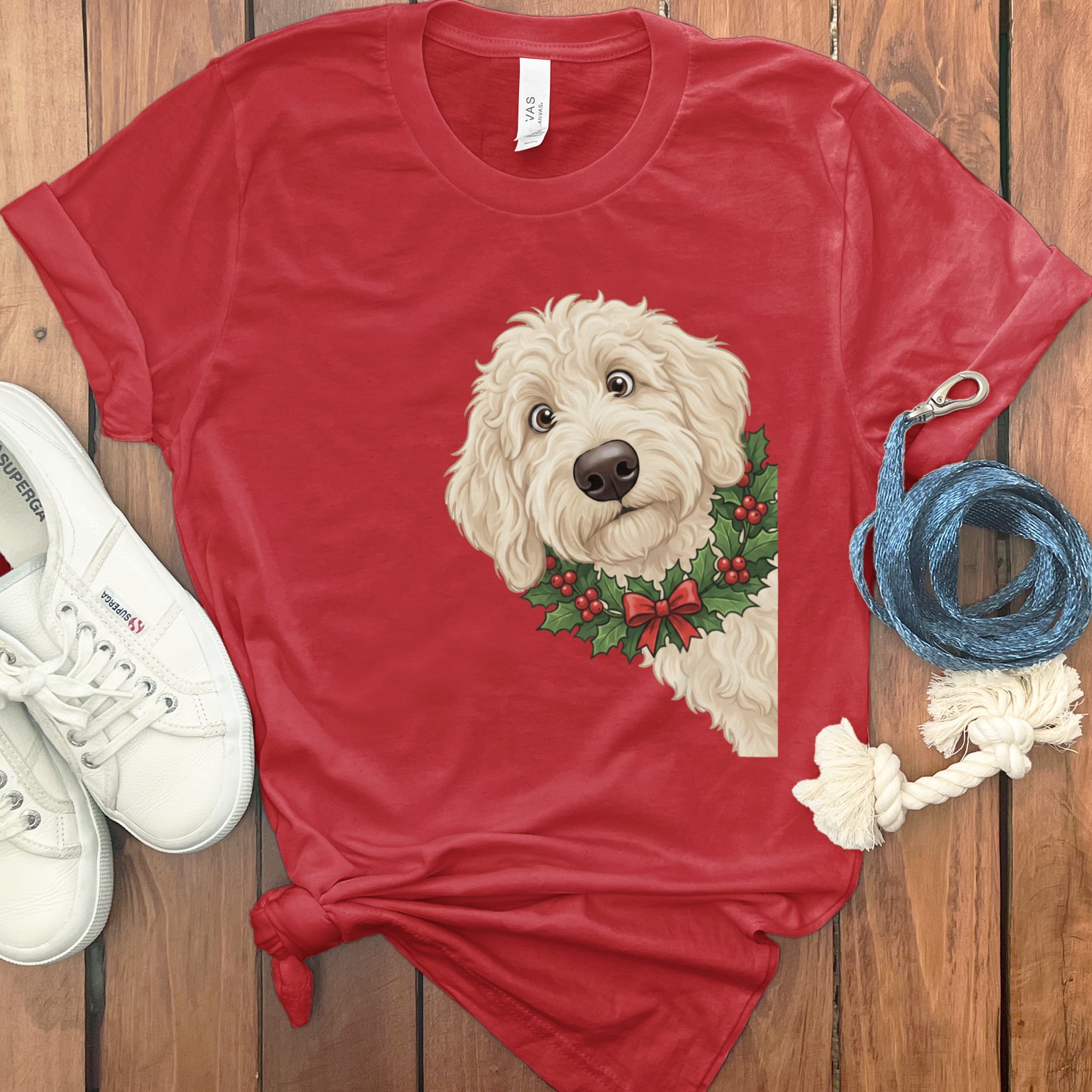 Peeking Holly Cream Goldendoodle T-Shirt in Red / M / T-Shirts by Puppy Jo