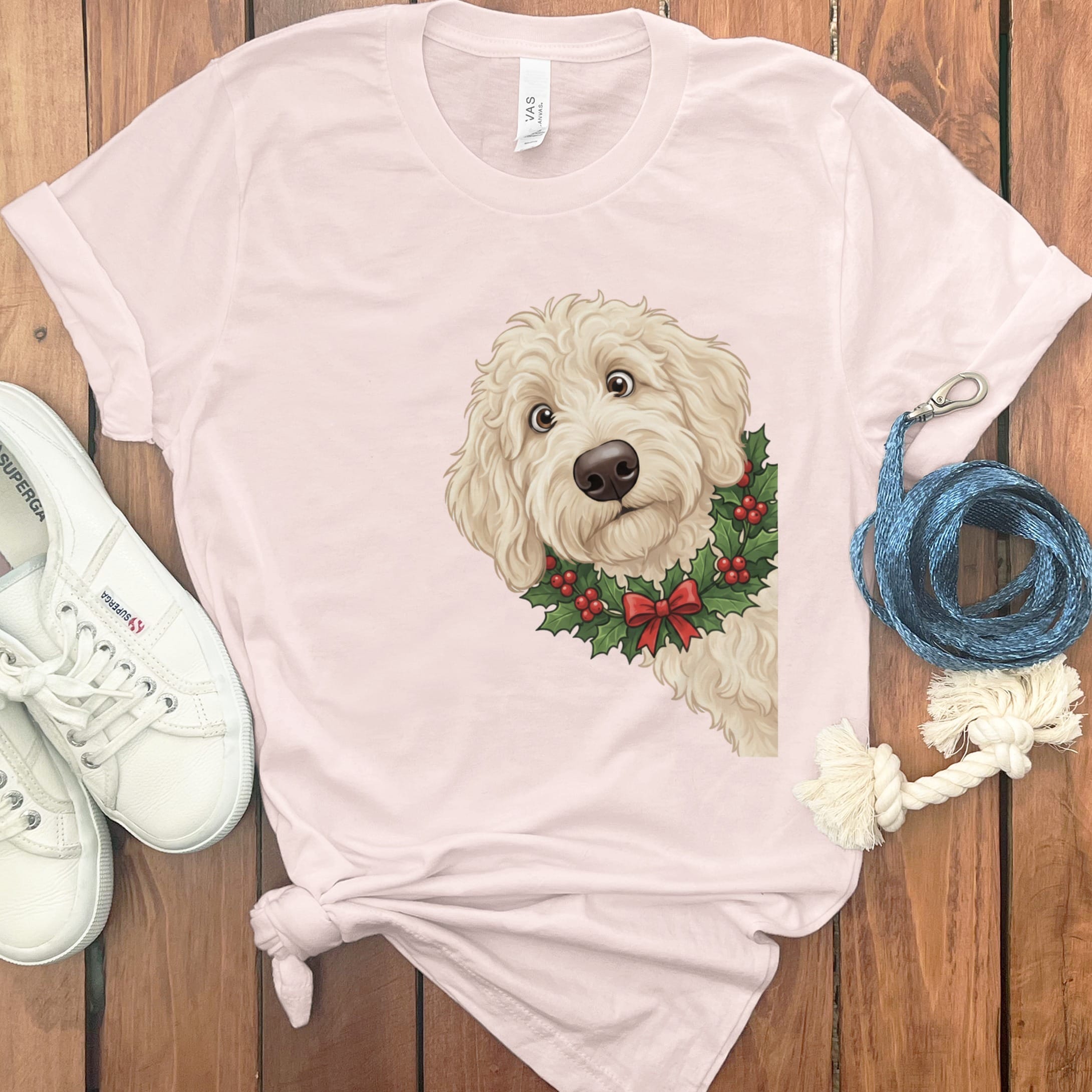Peeking Holly Cream Goldendoodle T-Shirt in Soft Pink / M / T-Shirts by Puppy Jo