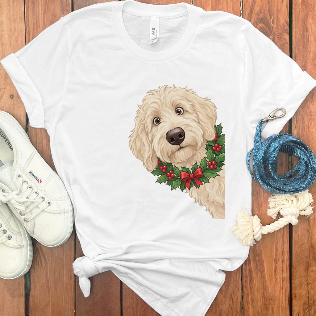 Peeking Holly Cream Goldendoodle T-Shirt in White / M / T-Shirts by Puppy Jo