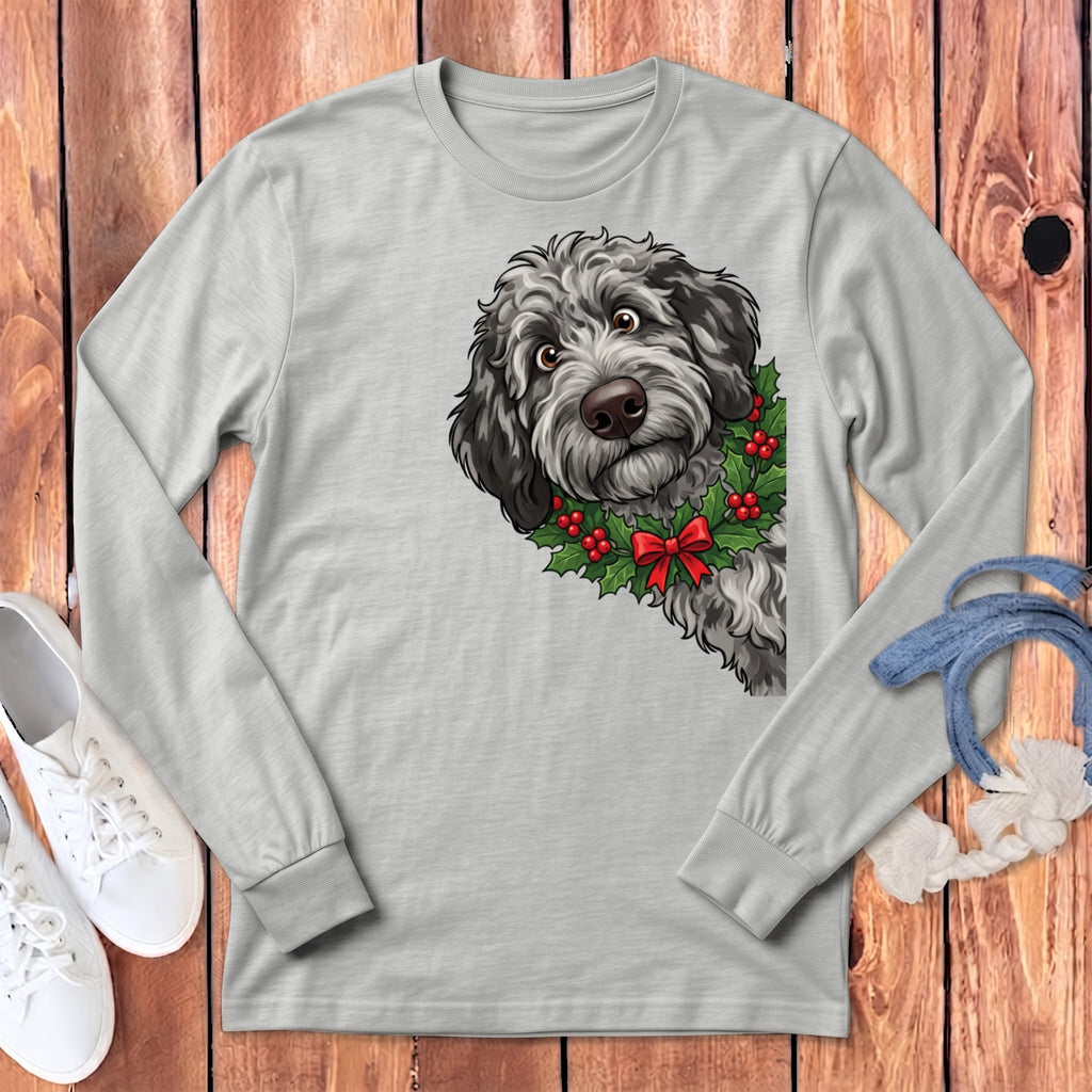 Peeking Holly Merle Goldendoodle Long Sleeve T-Shirt in Athletic Heather / S by Puppy Jo
