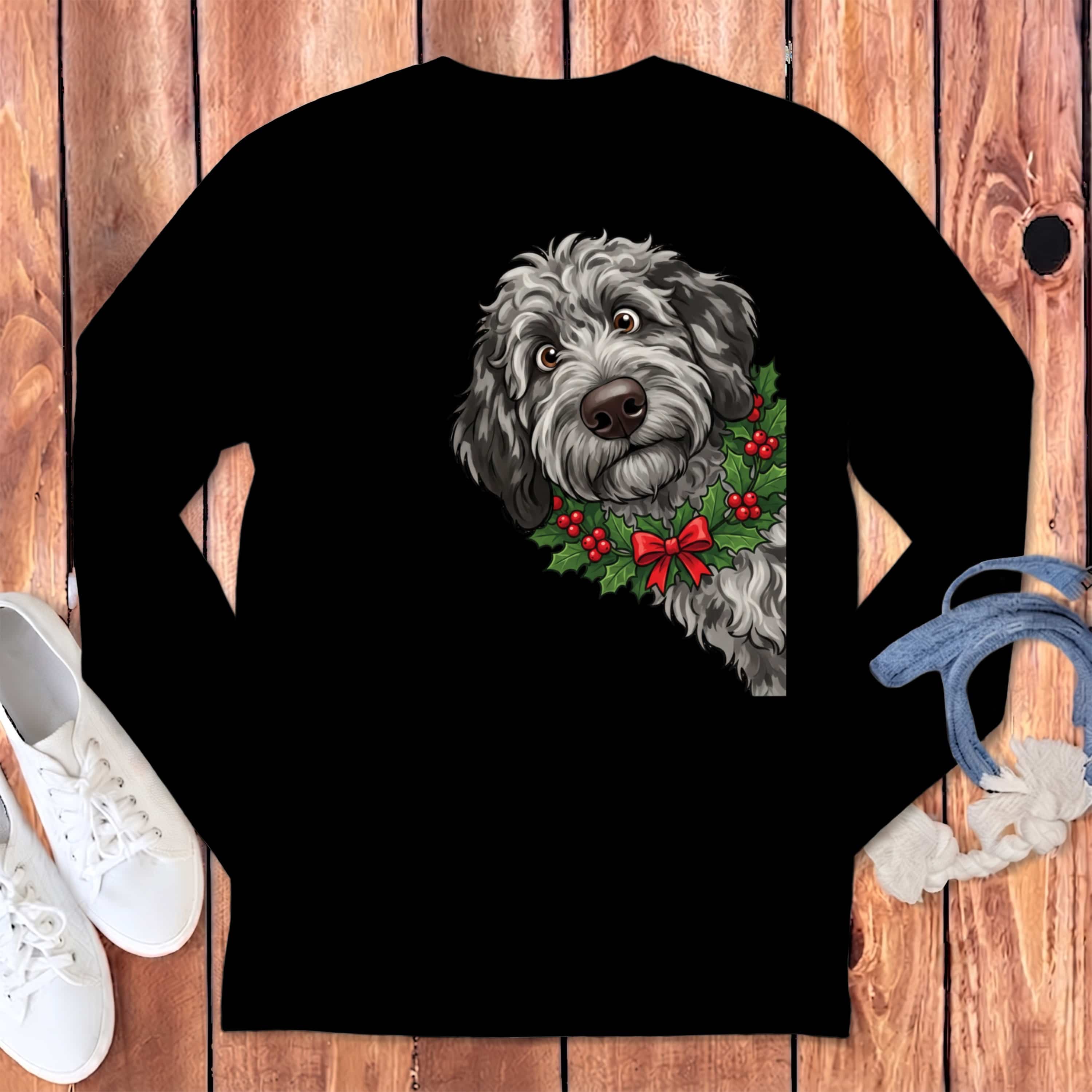Peeking Holly Merle Goldendoodle Long Sleeve T-Shirt in Black / S by Puppy Jo