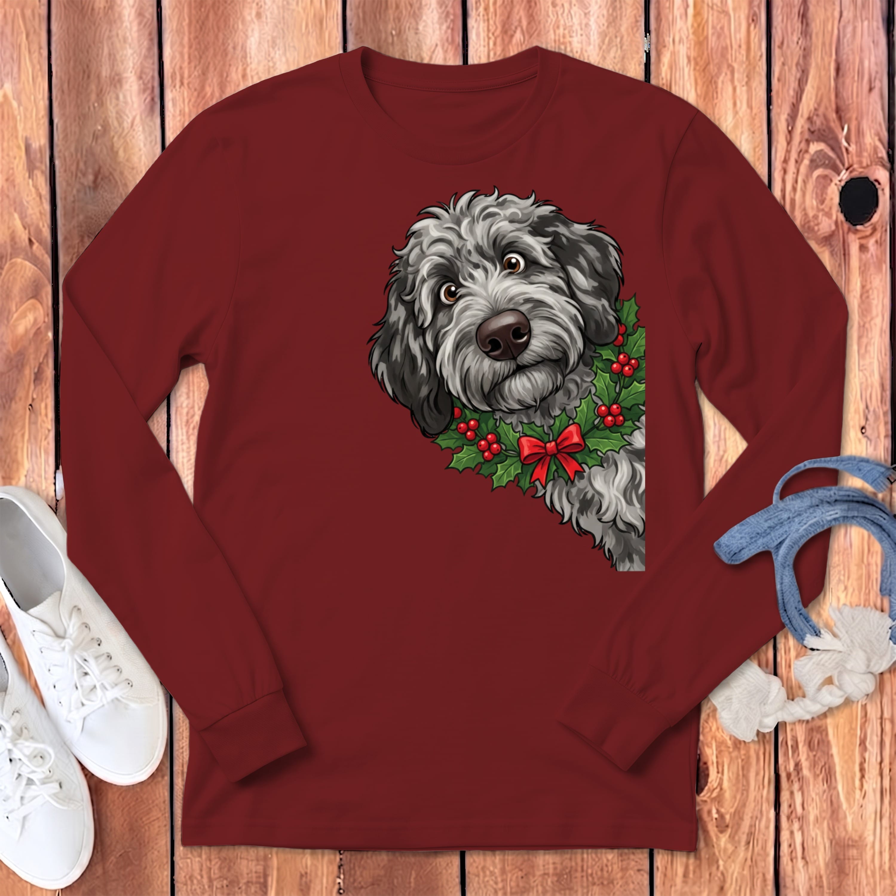 Peeking Holly Merle Goldendoodle Long Sleeve T-Shirt in Cardinal / S by Puppy Jo