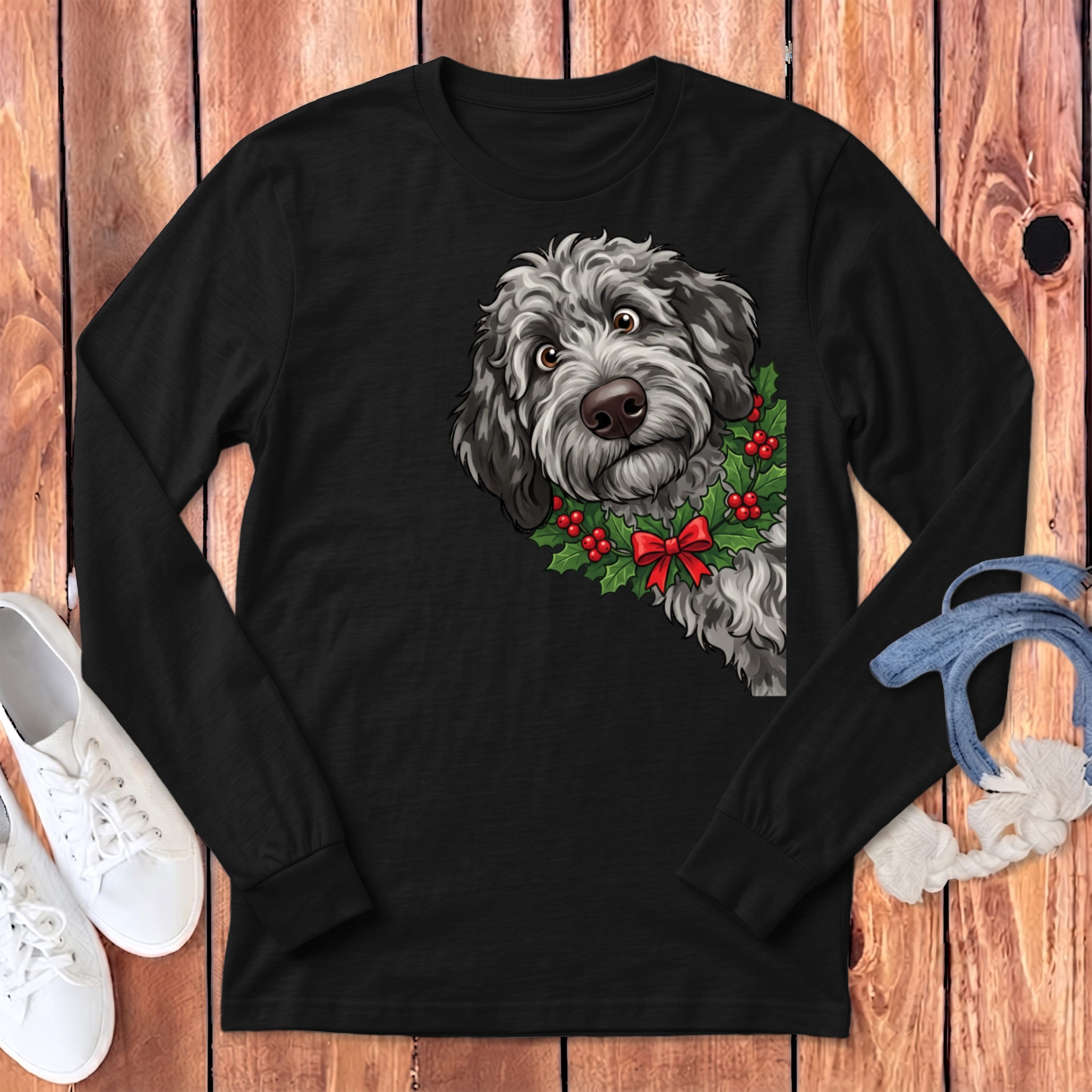 Peeking Holly Merle Goldendoodle Long Sleeve T-Shirt in Dark Grey Heather / S by Puppy Jo