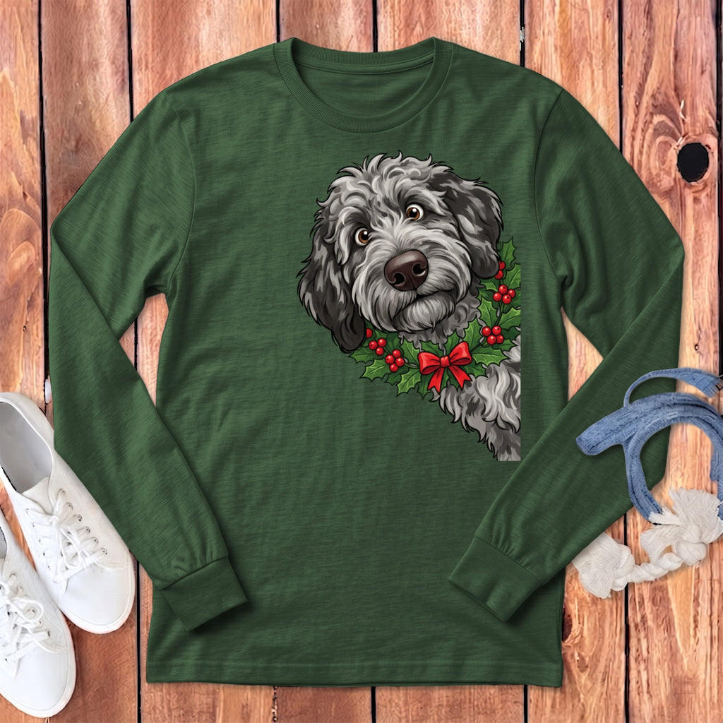 Peeking Holly Merle Goldendoodle Long Sleeve T-Shirt in Heather Forest / S by Puppy Jo