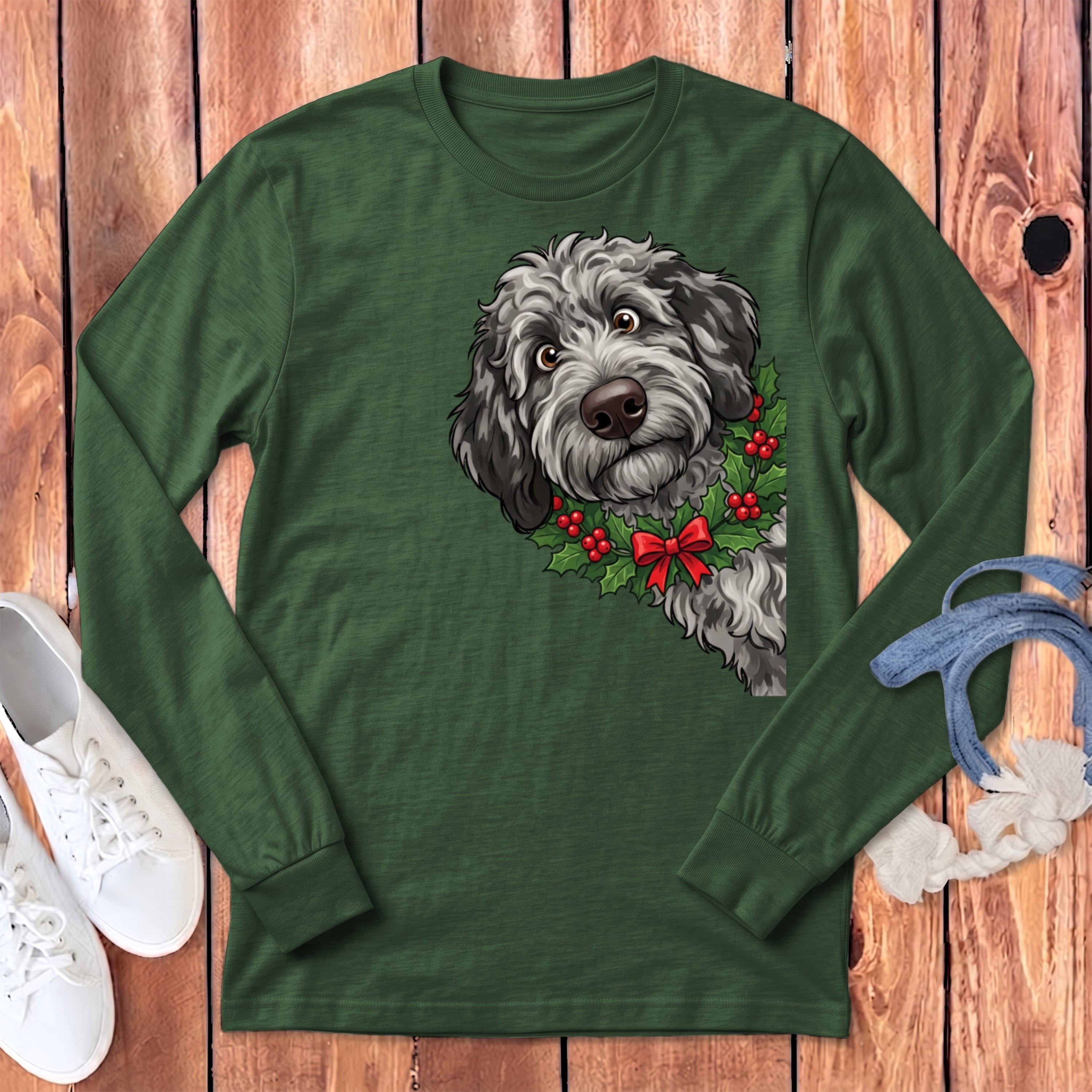 Peeking Holly Merle Goldendoodle Long Sleeve T-Shirt in Heather Forest / S by Puppy Jo