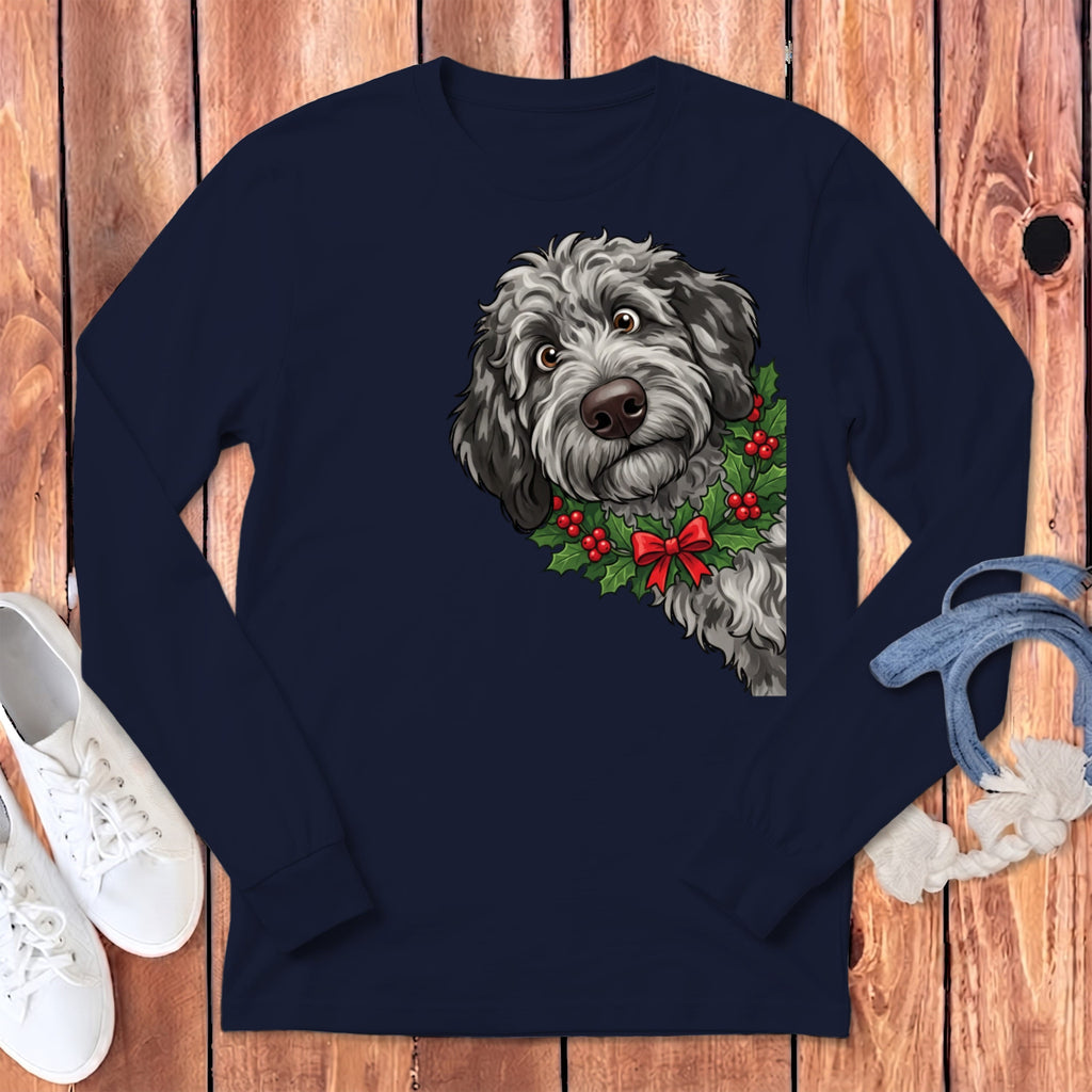 Peeking Holly Merle Goldendoodle Long Sleeve T-Shirt in Navy / S by Puppy Jo