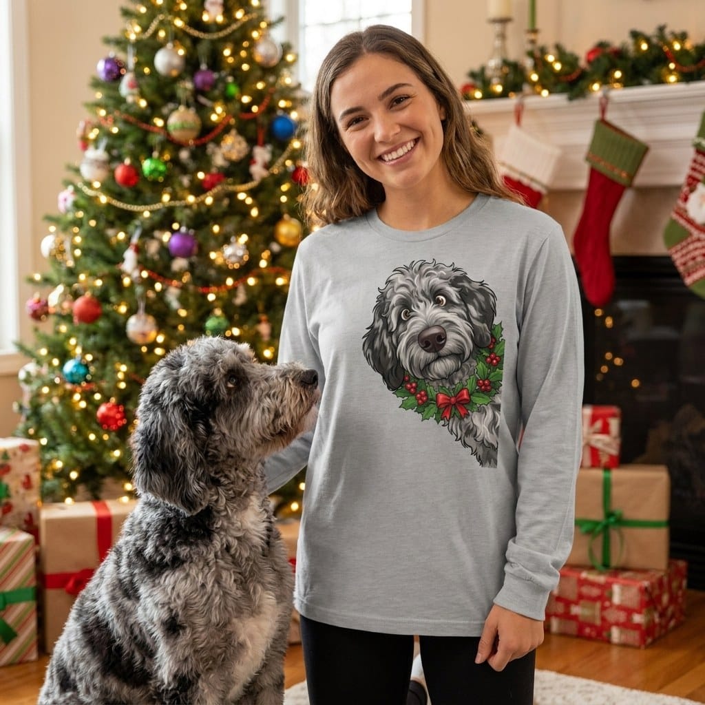 Peeking Holly Merle Goldendoodle Long Sleeve T-Shirt in by Puppy Jo