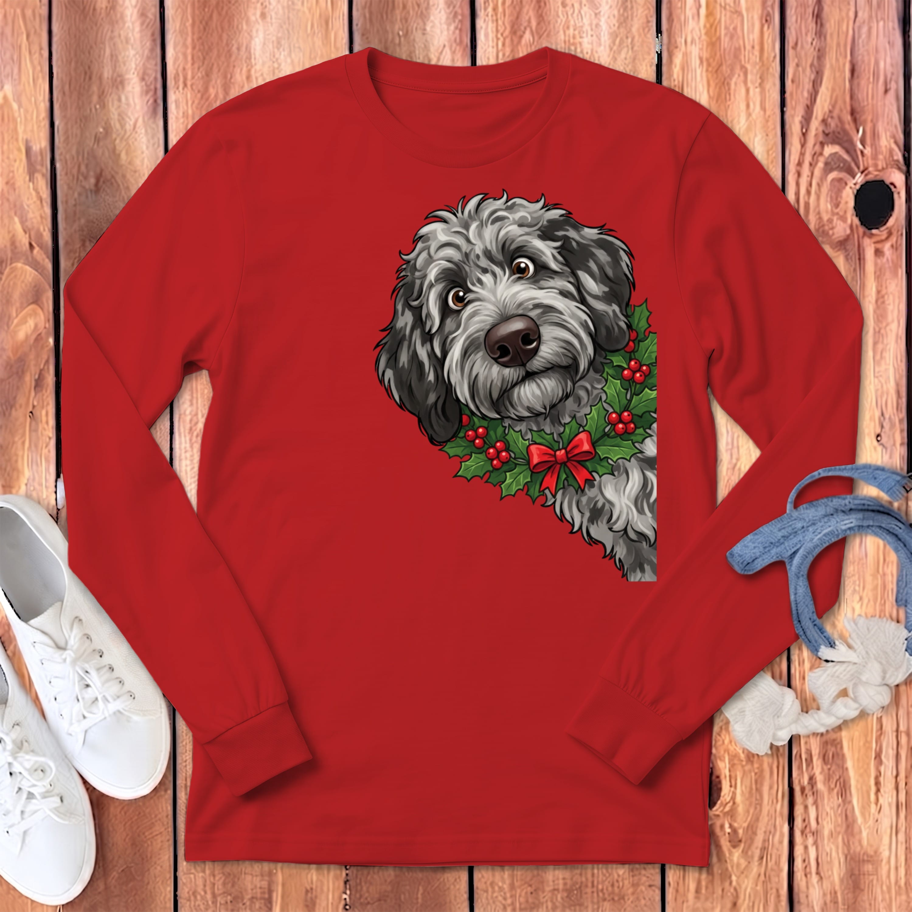 Peeking Holly Merle Goldendoodle Long Sleeve T-Shirt in Red / S by Puppy Jo