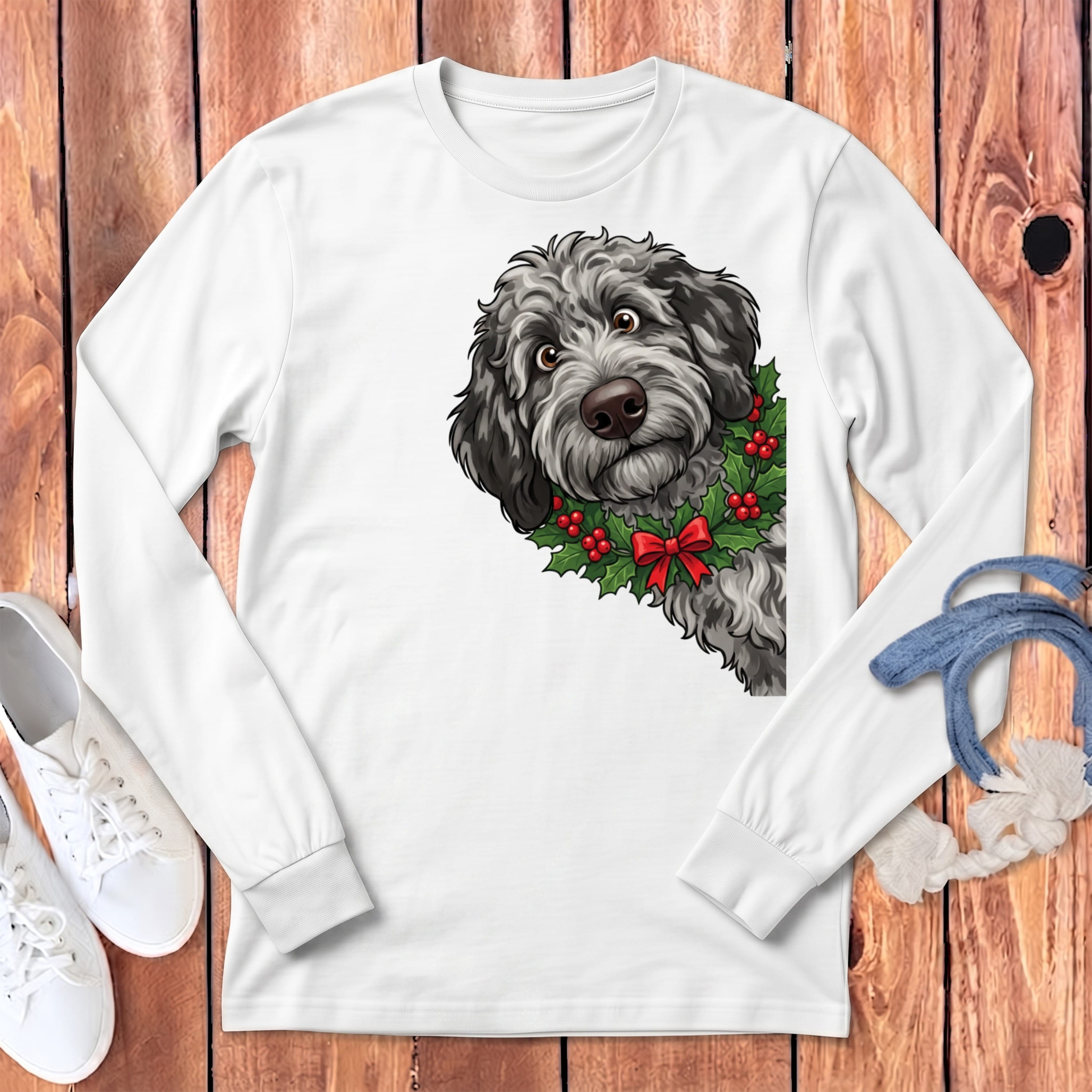 Peeking Holly Merle Goldendoodle Long Sleeve T-Shirt in White / S by Puppy Jo
