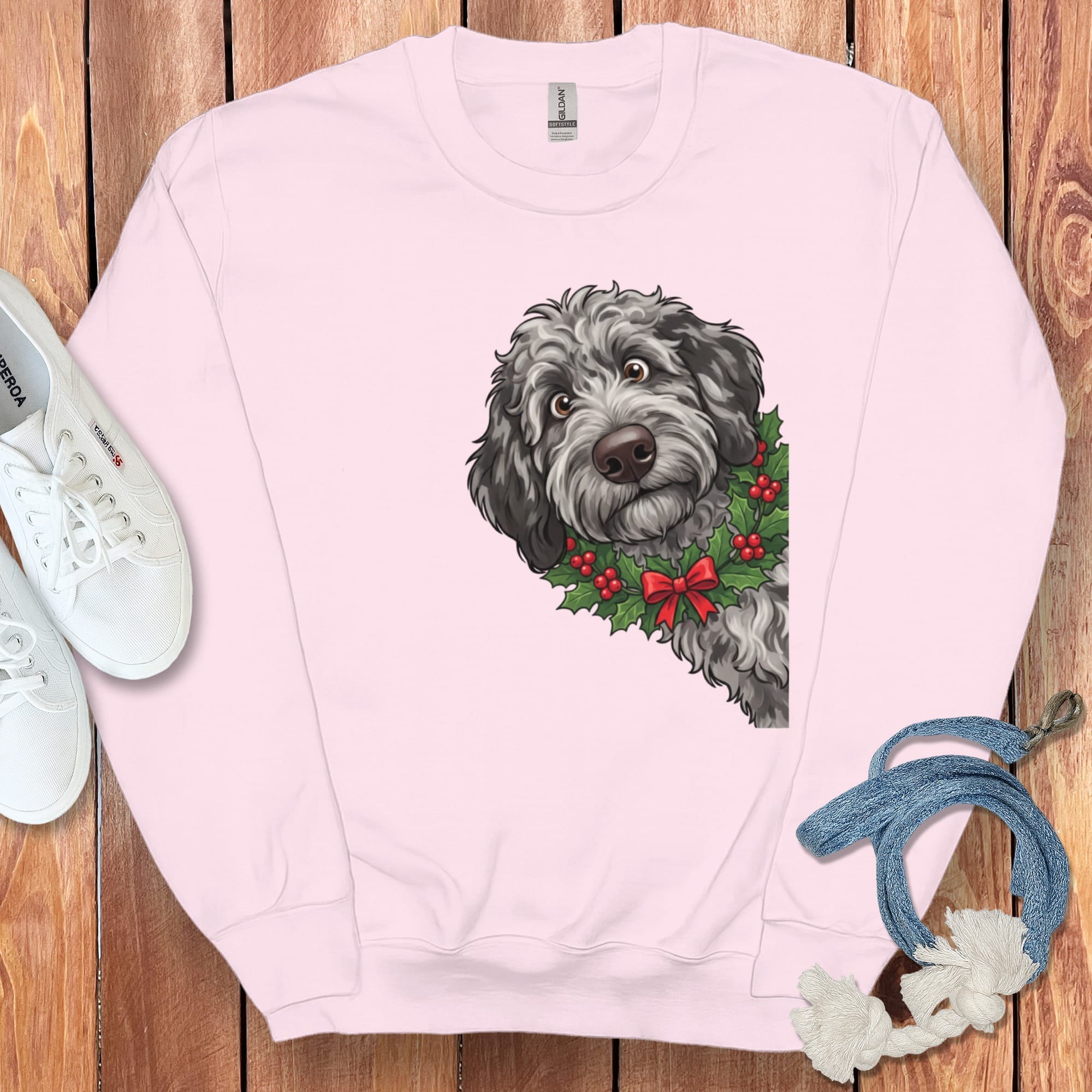Peeking Holly Merle Goldendoodle Sweatshirt in Light Pink / M by Puppy Jo