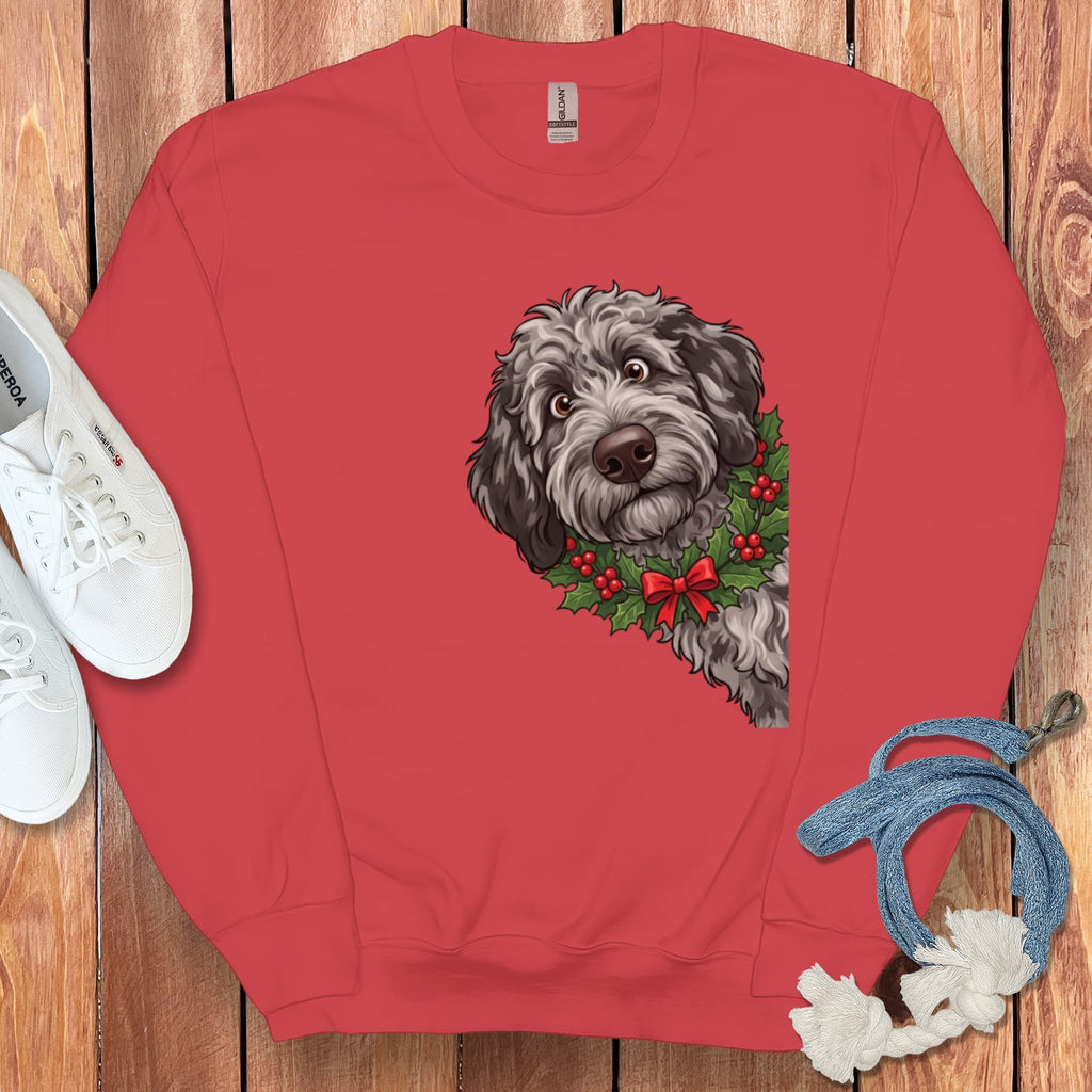 Peeking Holly Merle Goldendoodle Sweatshirt in Red / M by Puppy Jo