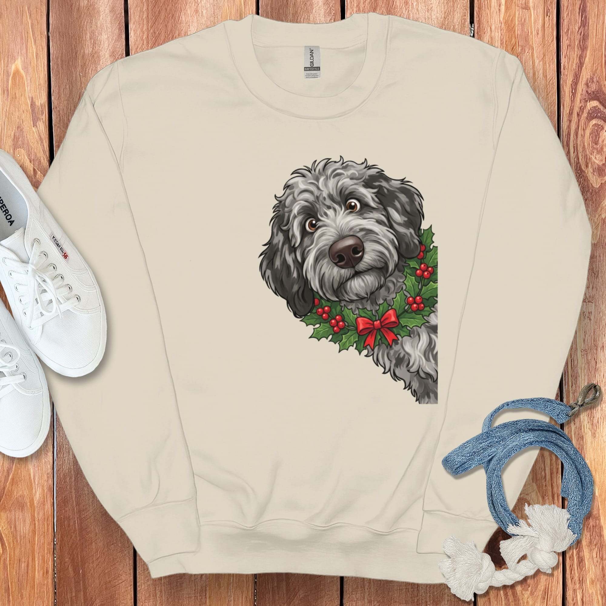 Peeking Holly Merle Goldendoodle Sweatshirt in Sand / M by Puppy Jo