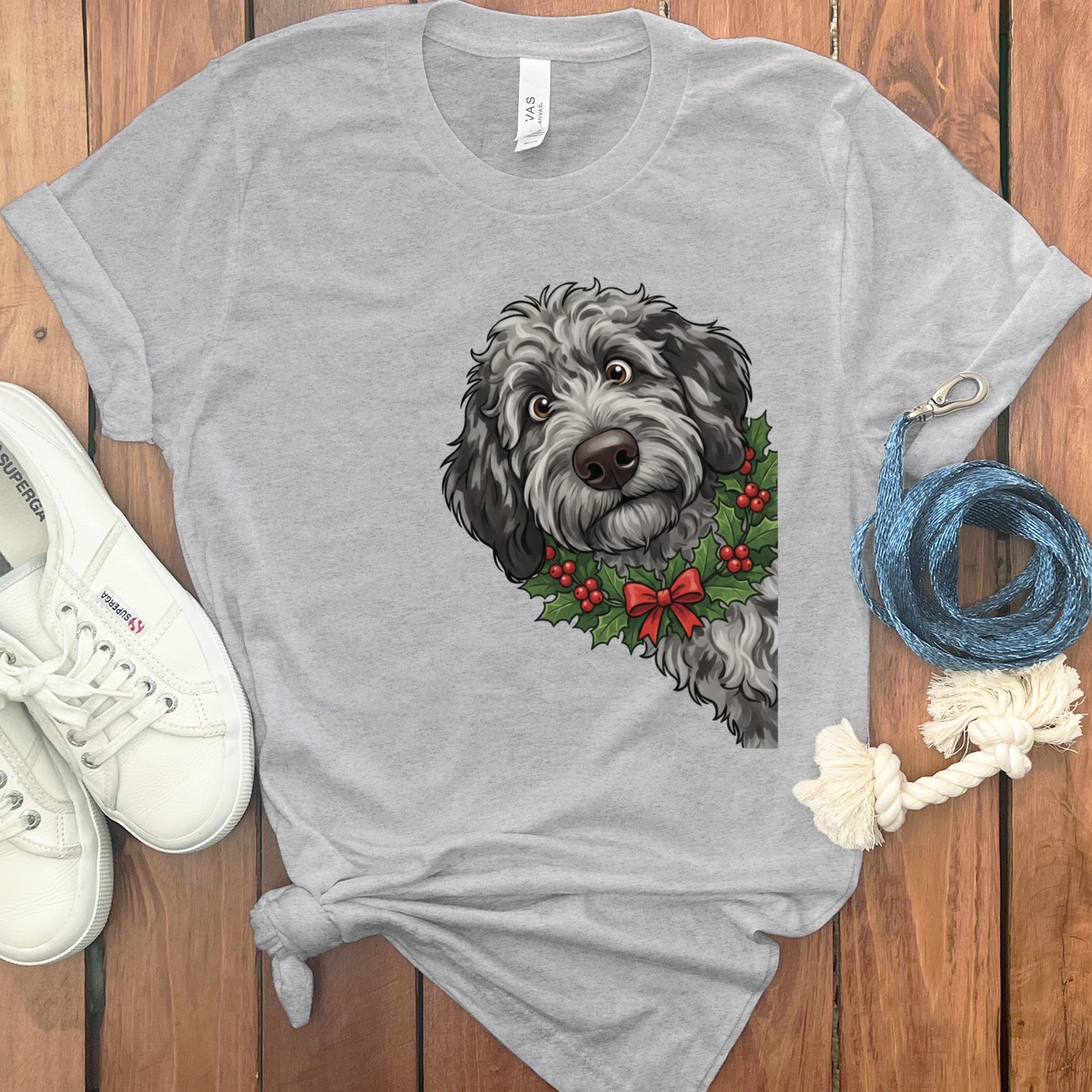 Peeking Holly Merle Goldendoodle T-Shirt in Athletic Heather / M / T-Shirts by Puppy Jo