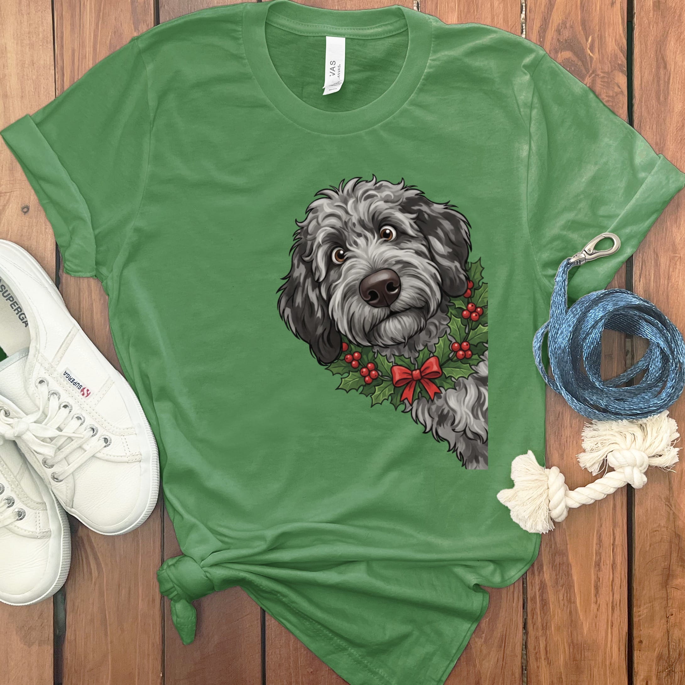 Peeking Holly Merle Goldendoodle T-Shirt in Leaf / M / T-Shirts by Puppy Jo