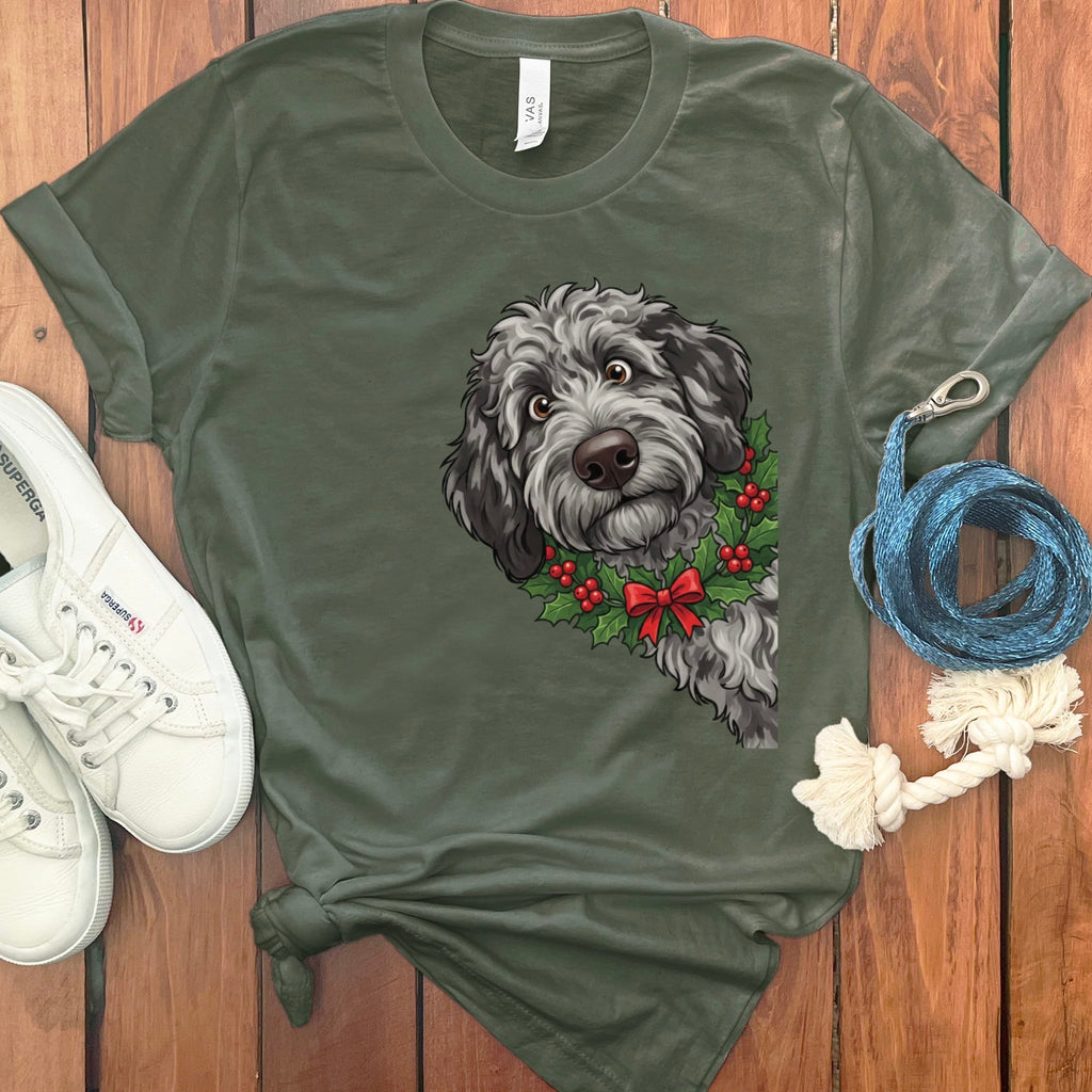 Peeking Holly Merle Goldendoodle T-Shirt in Military Green / M / T-Shirts by Puppy Jo