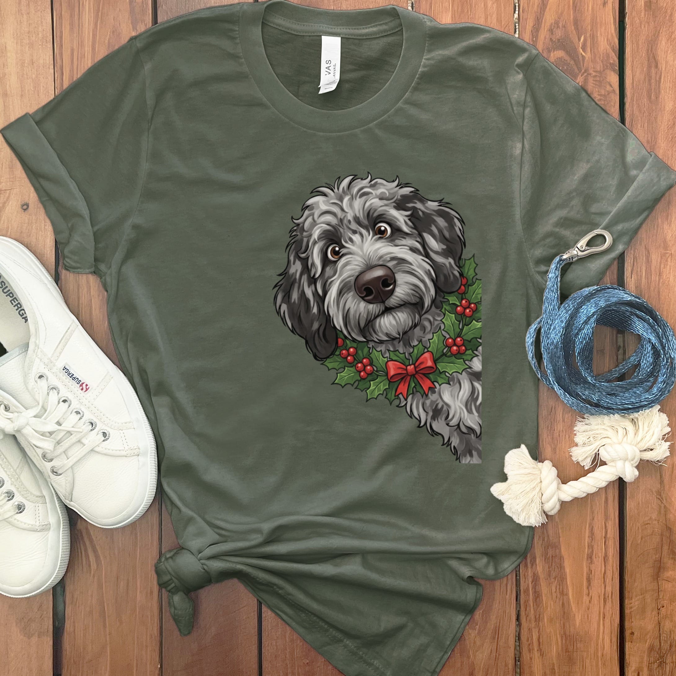 Peeking Holly Merle Goldendoodle T-Shirt in Military Green / M / T-Shirts by Puppy Jo