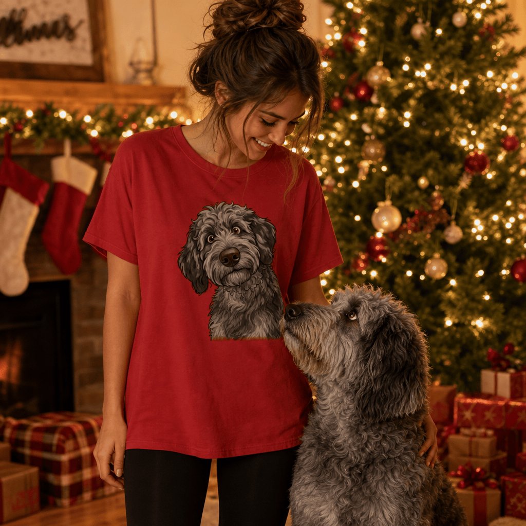 Peeking Holly Merle Goldendoodle T-Shirt in by Puppy Jo