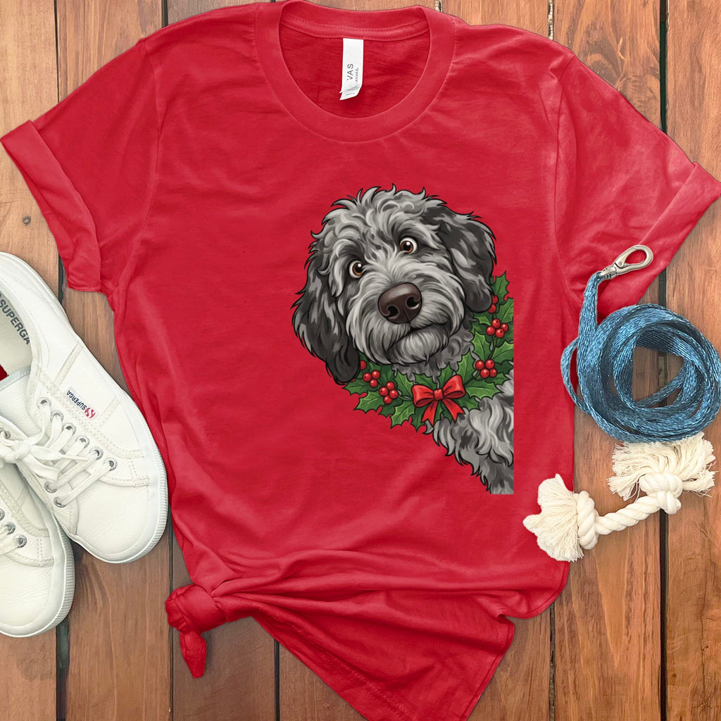 Peeking Holly Merle Goldendoodle T-Shirt in Red / M / T-Shirts by Puppy Jo
