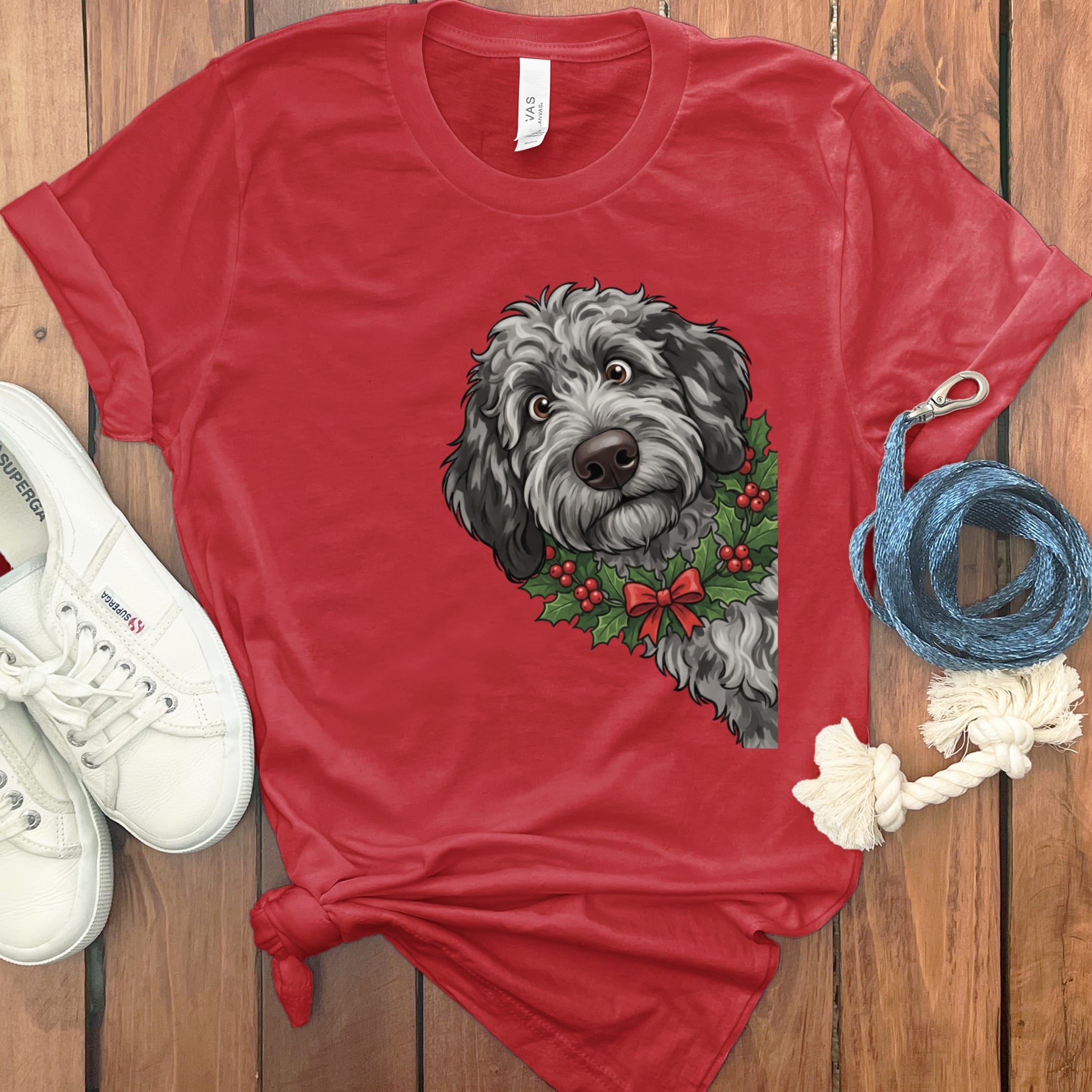 Peeking Holly Merle Goldendoodle T-Shirt in Red / M / T-Shirts by Puppy Jo