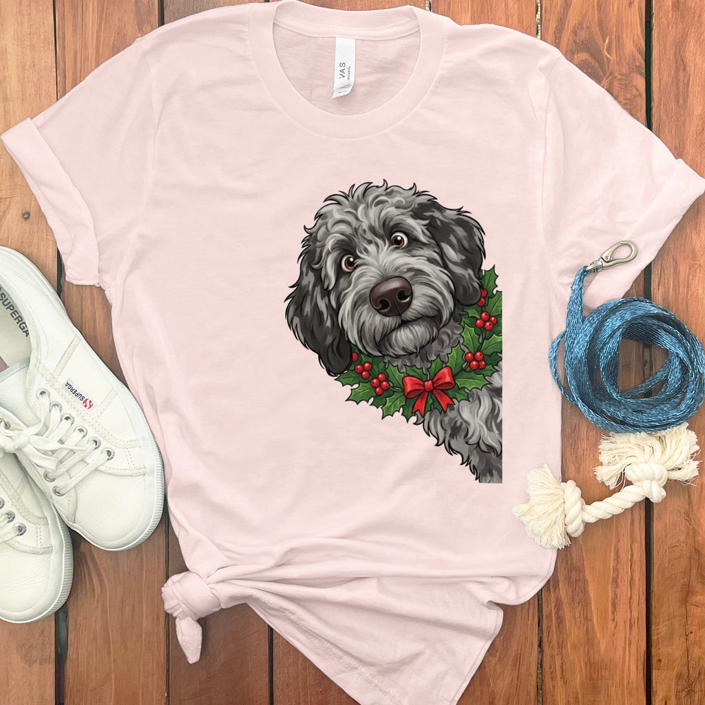 Peeking Holly Merle Goldendoodle T-Shirt in Soft Pink / M / T-Shirts by Puppy Jo