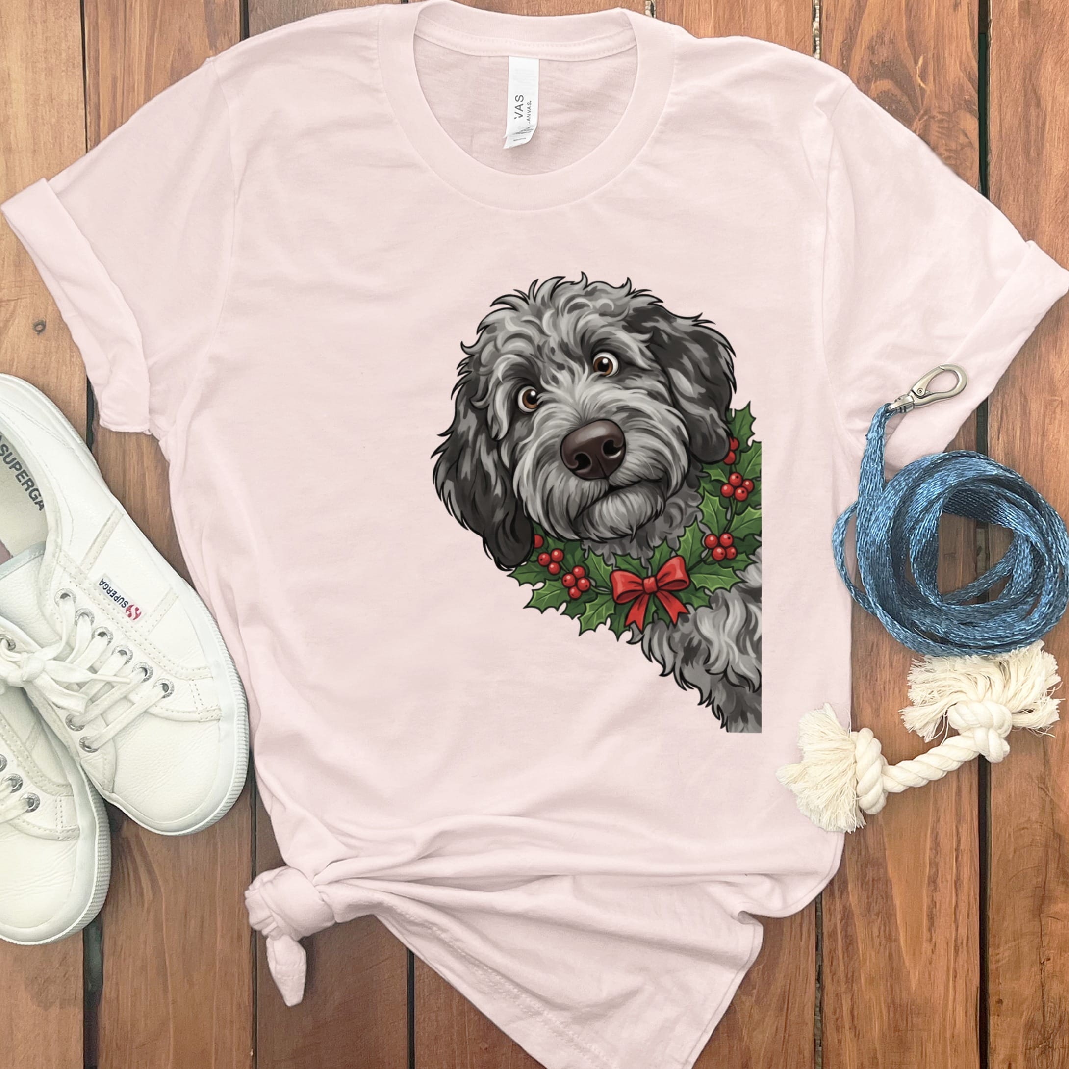 Peeking Holly Merle Goldendoodle T-Shirt in Soft Pink / M / T-Shirts by Puppy Jo