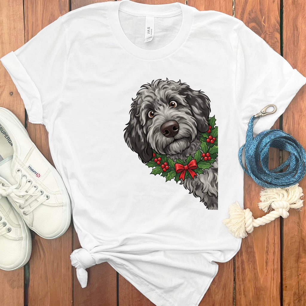 Peeking Holly Merle Goldendoodle T-Shirt in White / M / T-Shirts by Puppy Jo