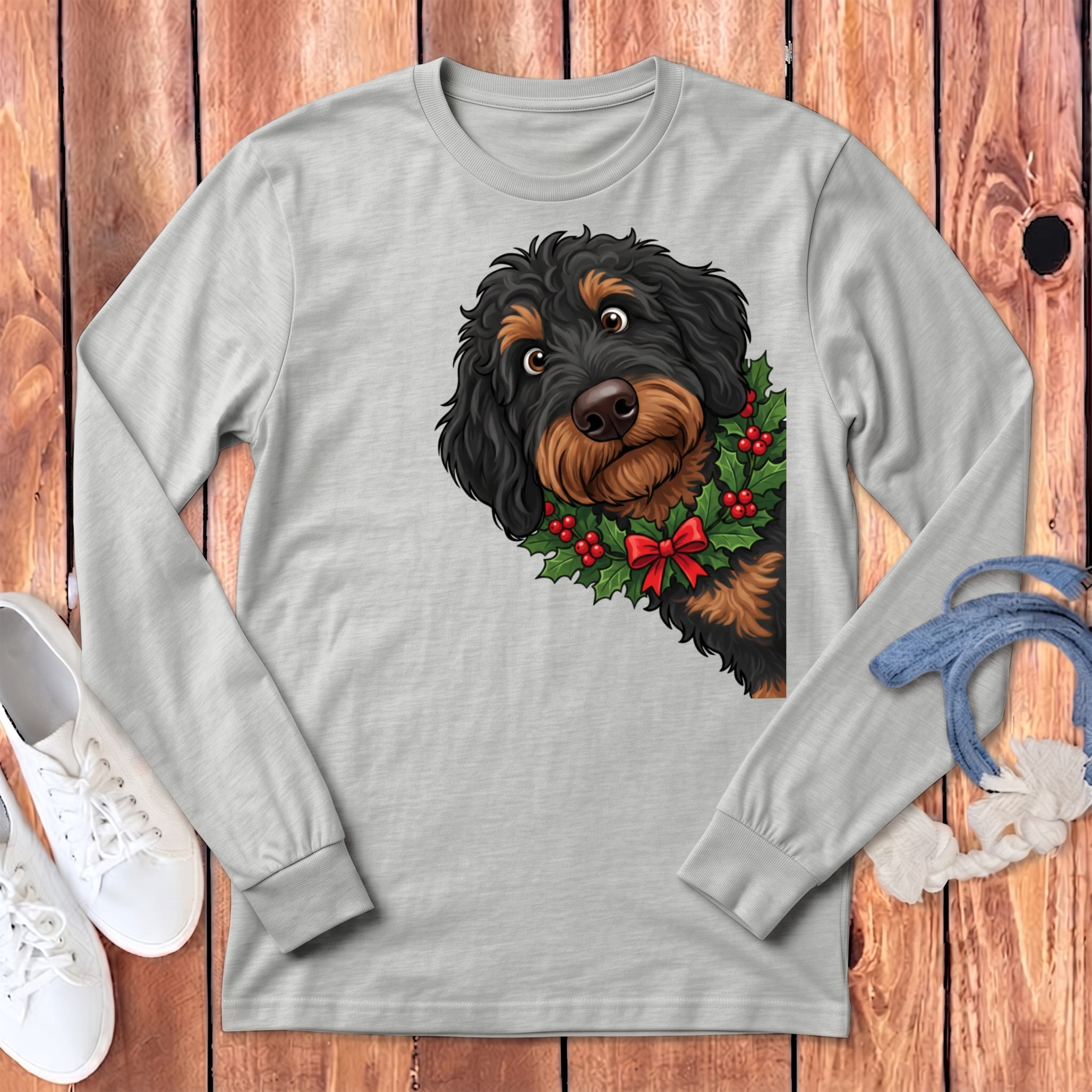 Peeking Holly Phantom Goldendoodle Long Sleeve T-Shirt in Athletic Heather / S by Puppy Jo