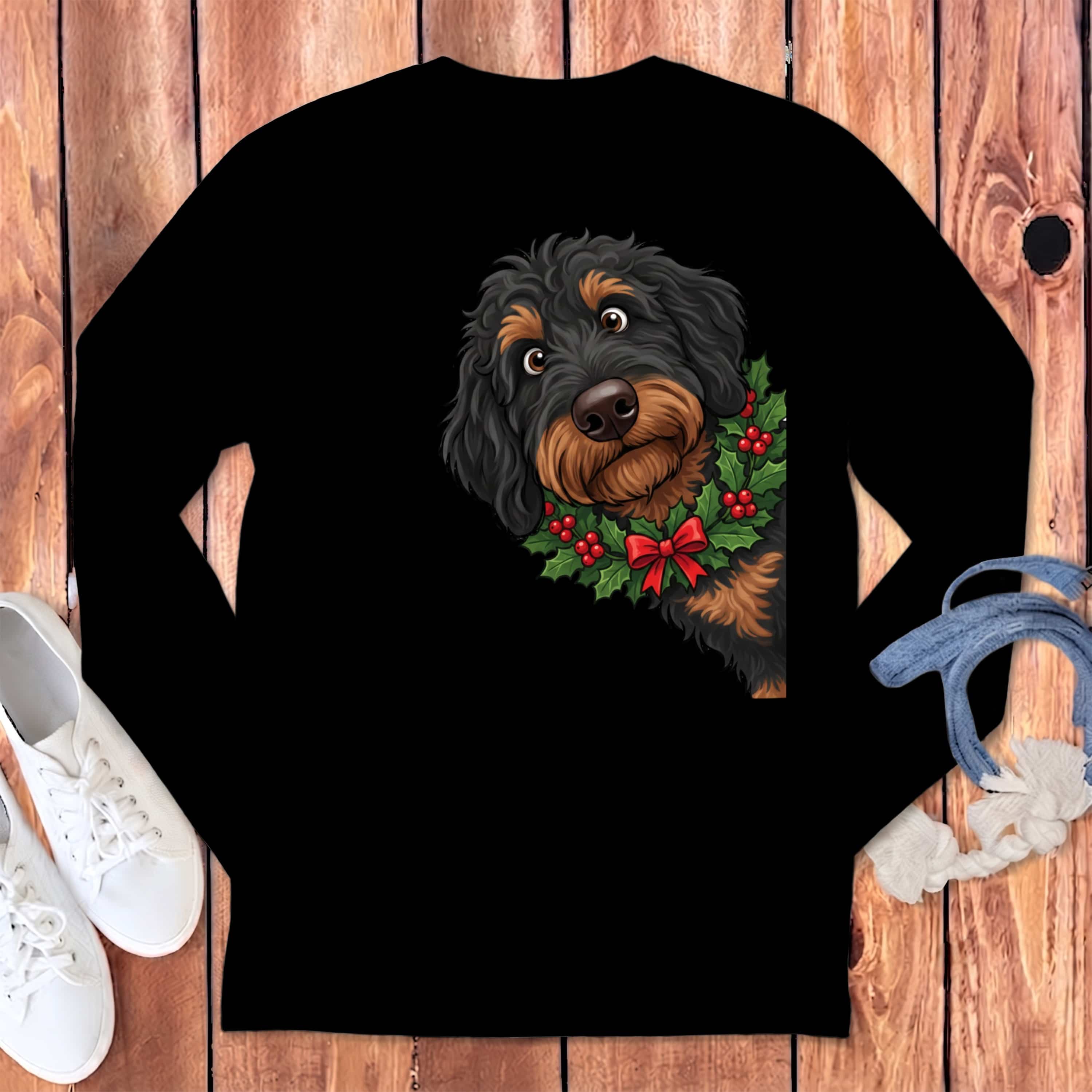 Peeking Holly Phantom Goldendoodle Long Sleeve T-Shirt in Black / S by Puppy Jo
