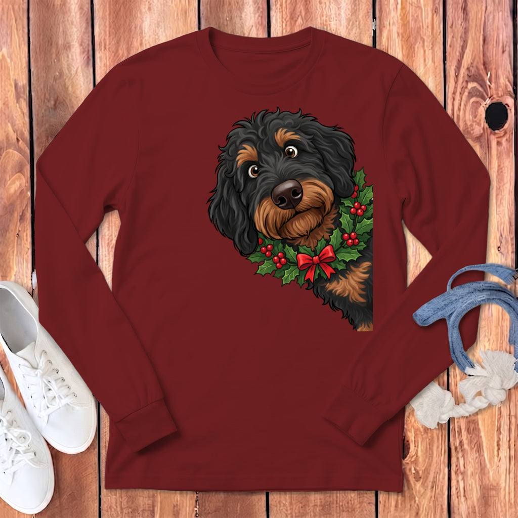 Peeking Holly Phantom Goldendoodle Long Sleeve T-Shirt in Cardinal / S by Puppy Jo