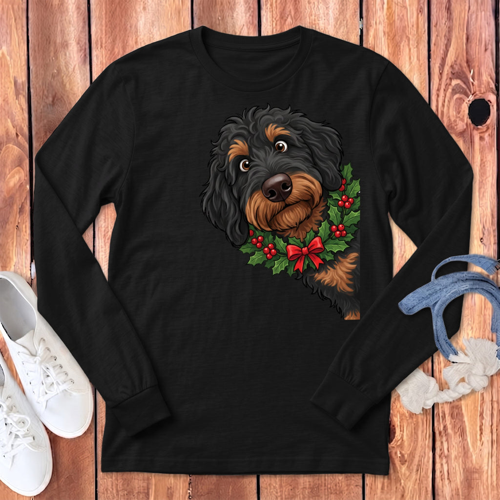 Peeking Holly Phantom Goldendoodle Long Sleeve T-Shirt in Dark Grey Heather / S by Puppy Jo