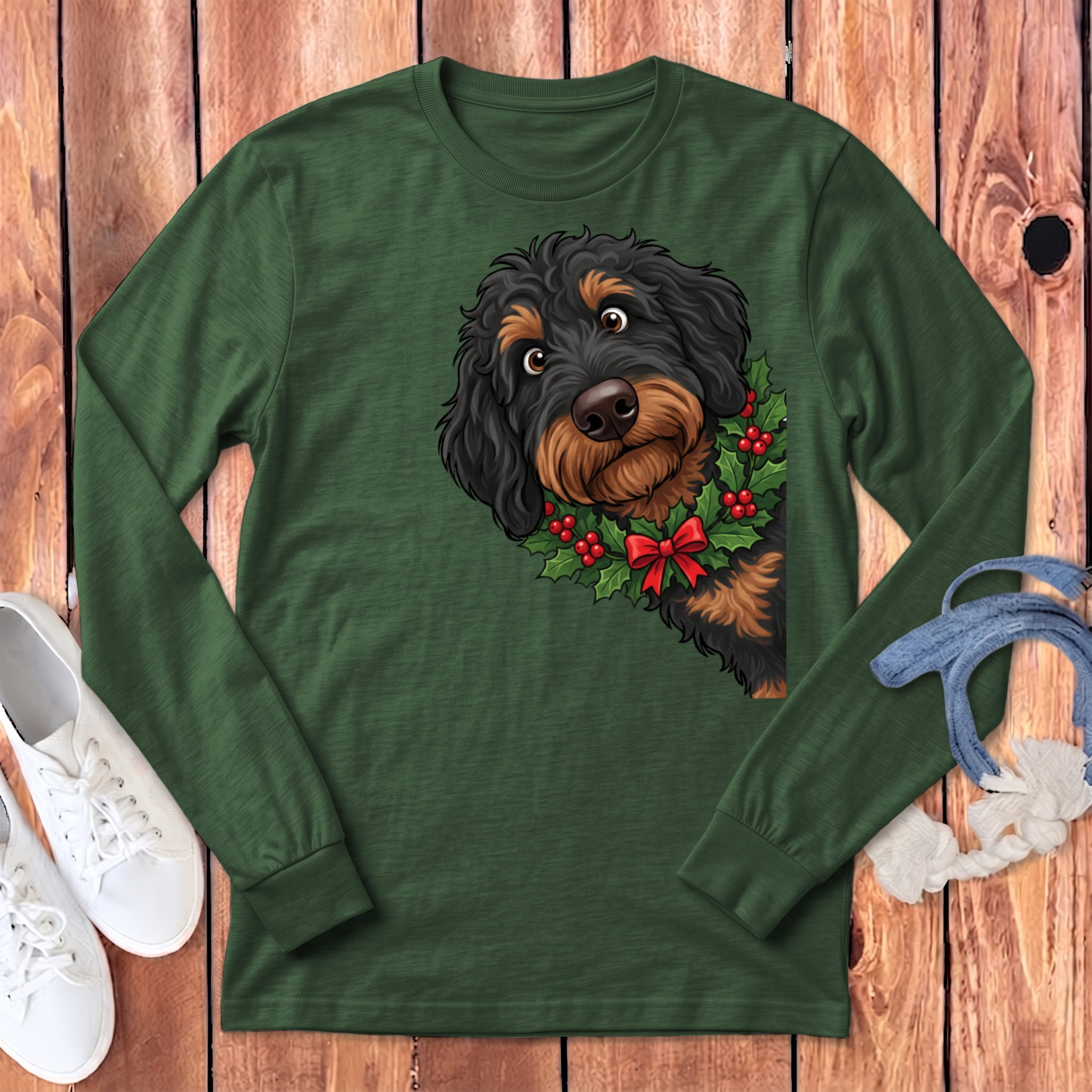 Peeking Holly Phantom Goldendoodle Long Sleeve T-Shirt in Heather Forest / S by Puppy Jo