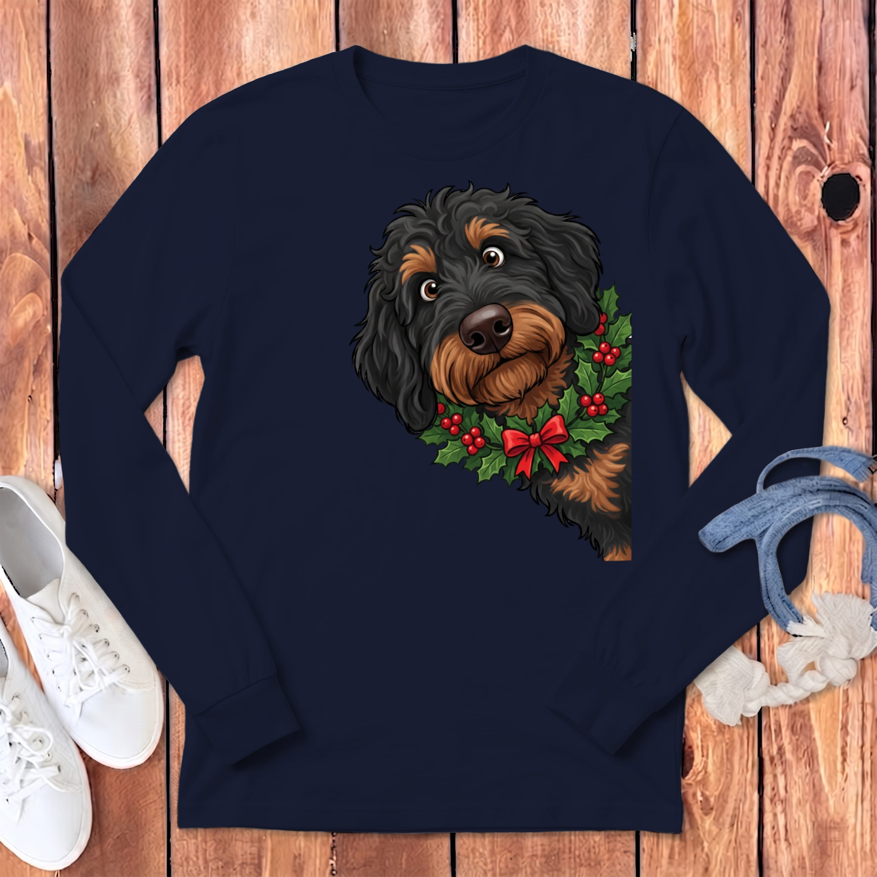 Peeking Holly Phantom Goldendoodle Long Sleeve T-Shirt in Navy / S by Puppy Jo