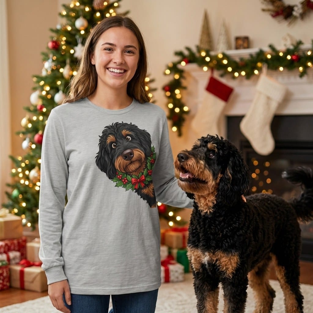 Peeking Holly Phantom Goldendoodle Long Sleeve T-Shirt in by Puppy Jo