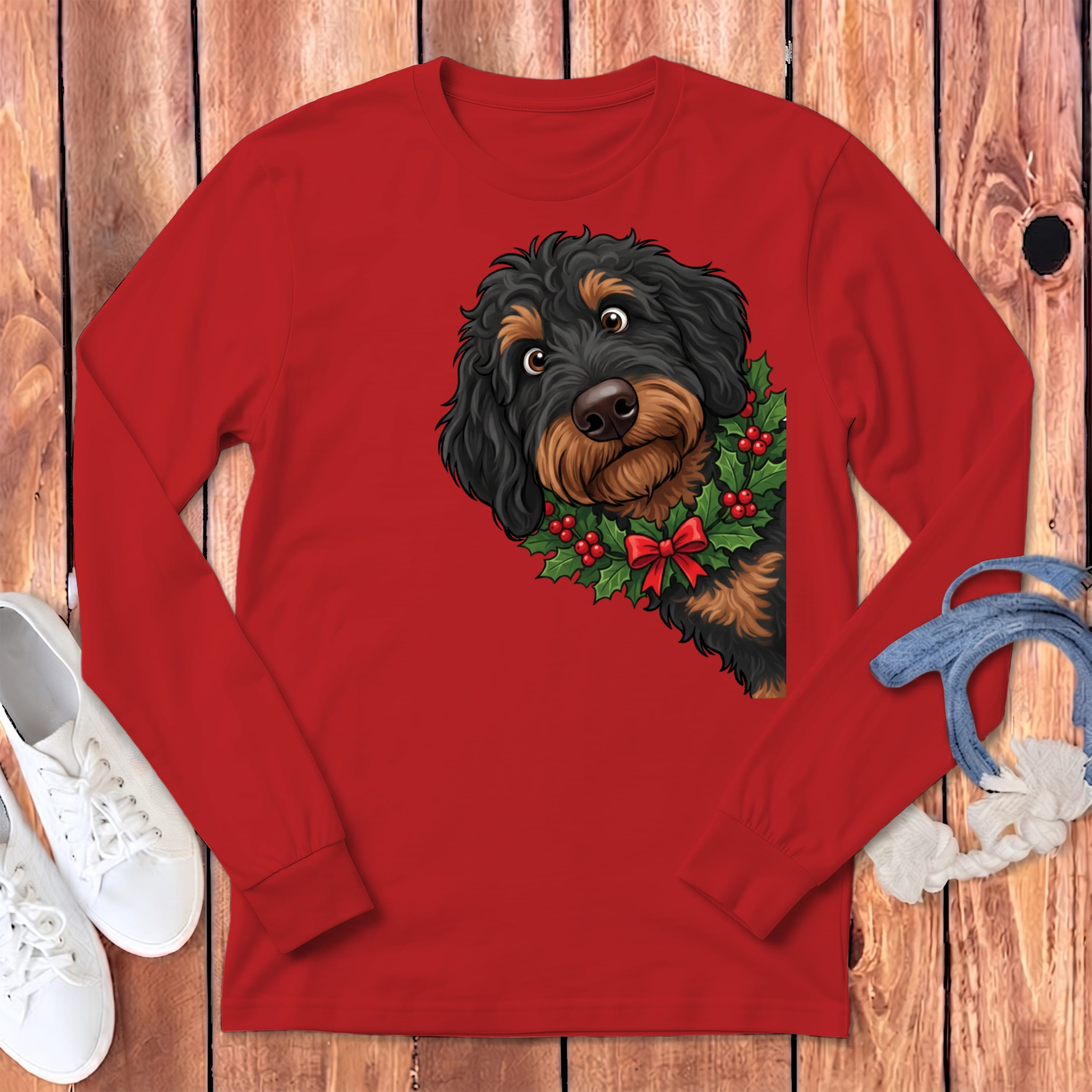 Peeking Holly Phantom Goldendoodle Long Sleeve T-Shirt in Red / S by Puppy Jo
