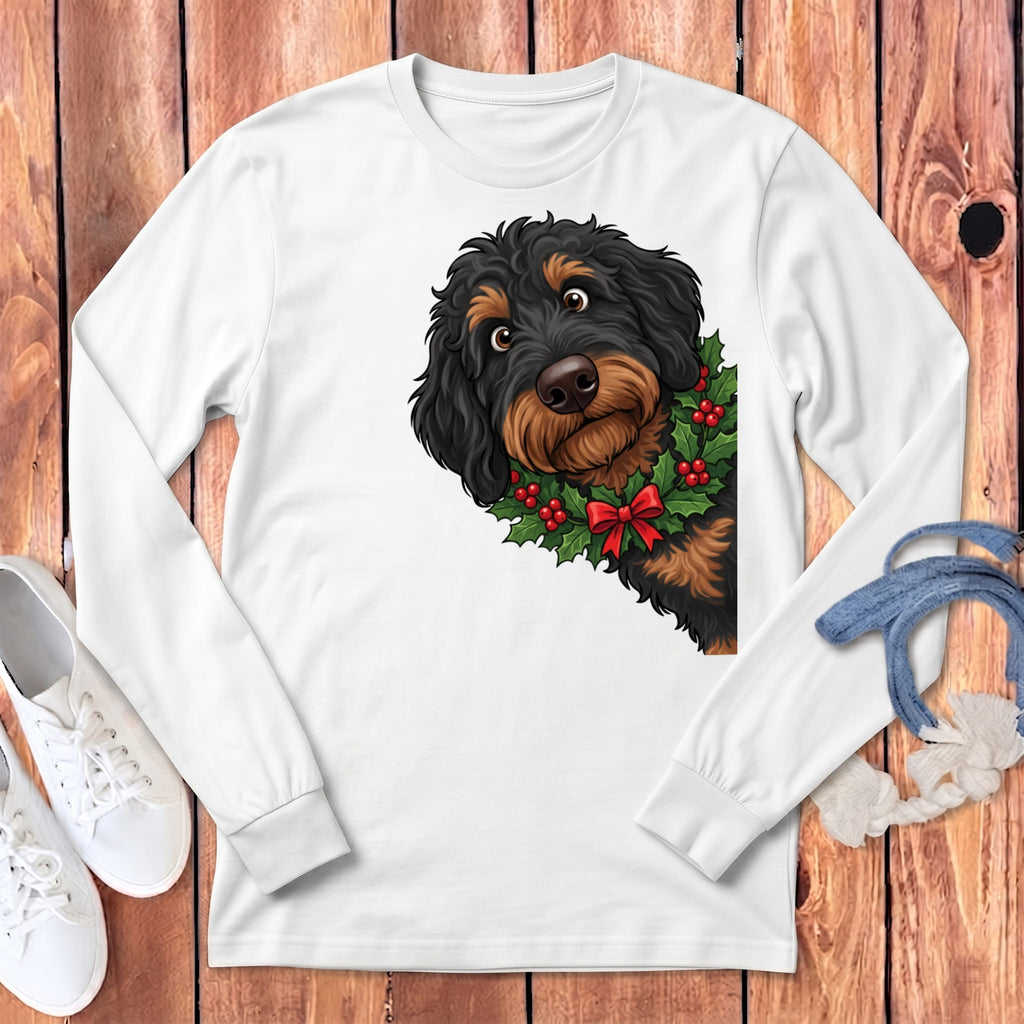Peeking Holly Phantom Goldendoodle Long Sleeve T-Shirt in White / S by Puppy Jo
