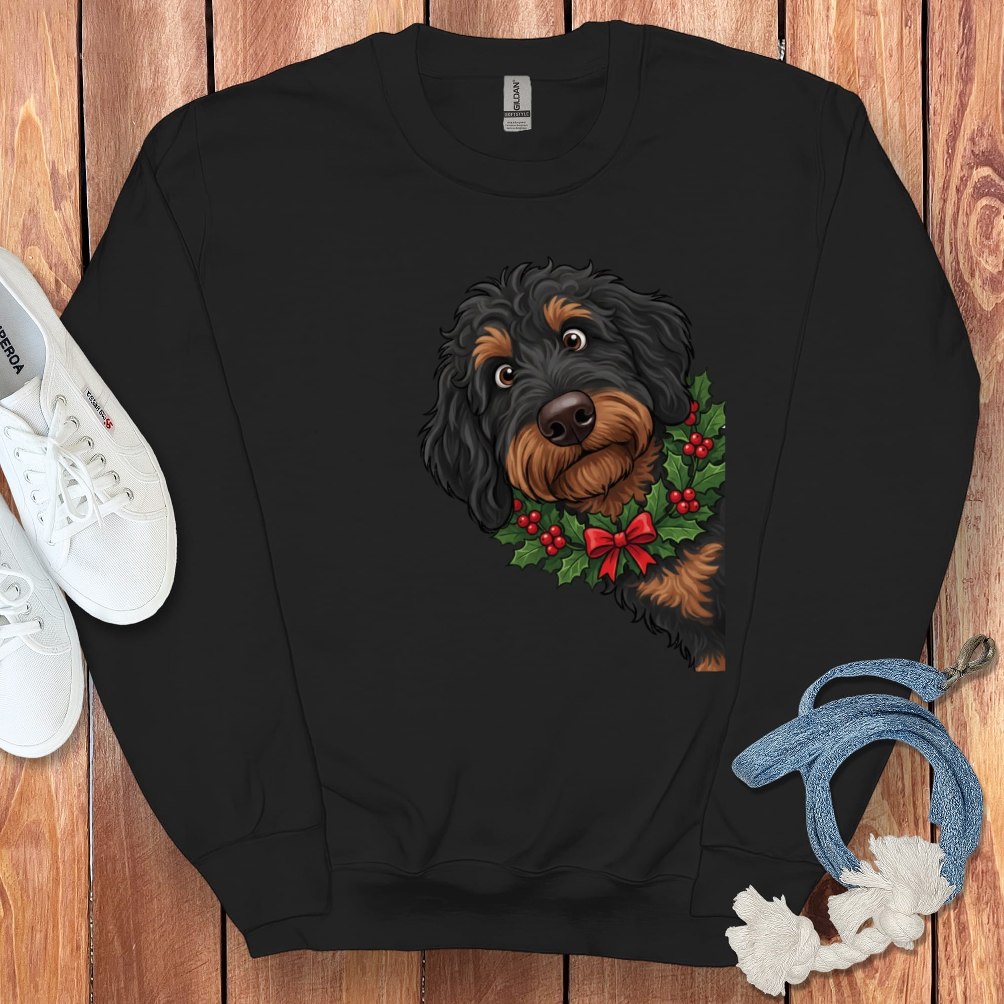 Peeking Holly Phantom Goldendoodle Sweatshirt in Black / M by Puppy Jo