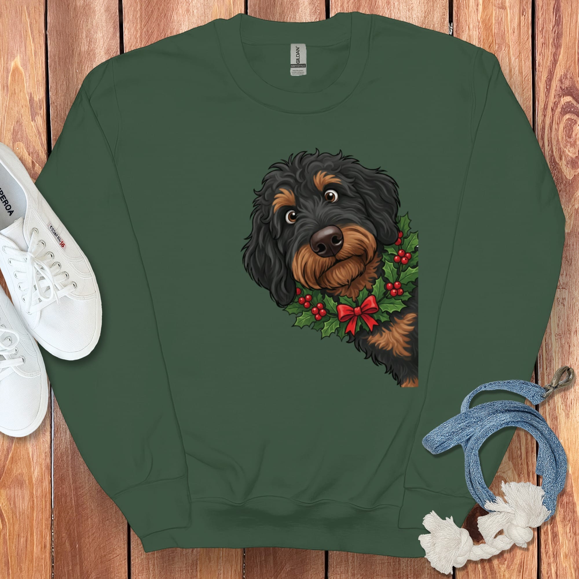 Peeking Holly Phantom Goldendoodle Sweatshirt in Forest Green / M by Puppy Jo