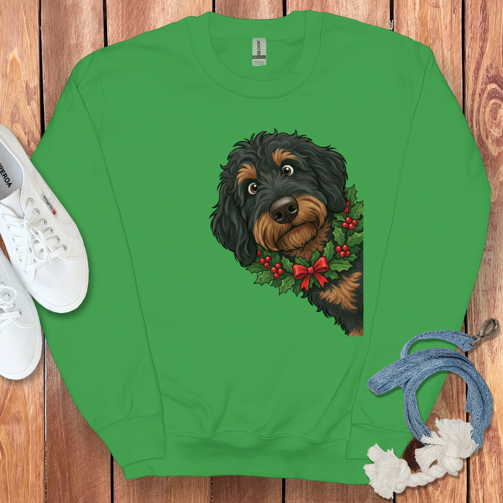 Peeking Holly Phantom Goldendoodle Sweatshirt in Irish Green / M by Puppy Jo