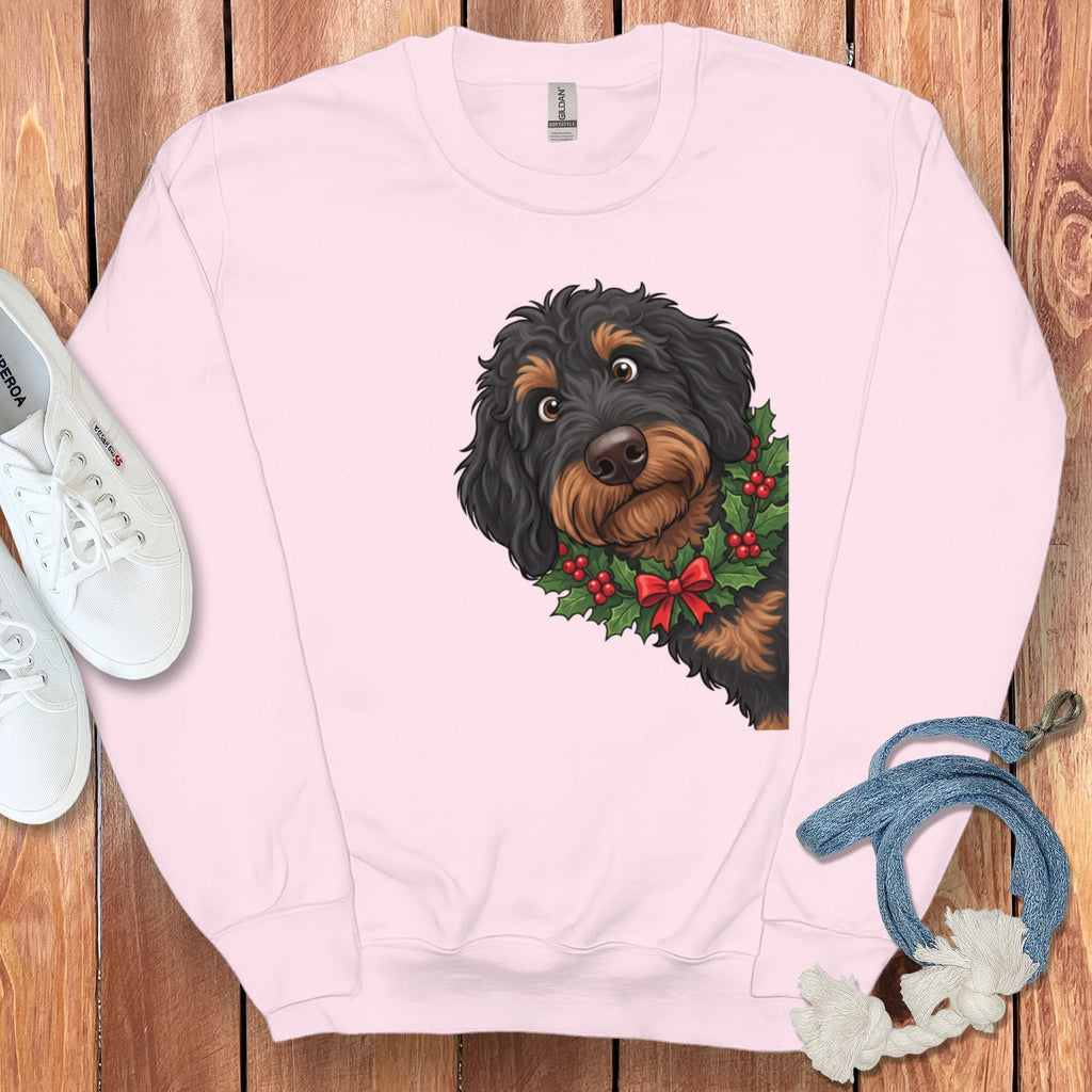 Peeking Holly Phantom Goldendoodle Sweatshirt in Light Pink / M by Puppy Jo