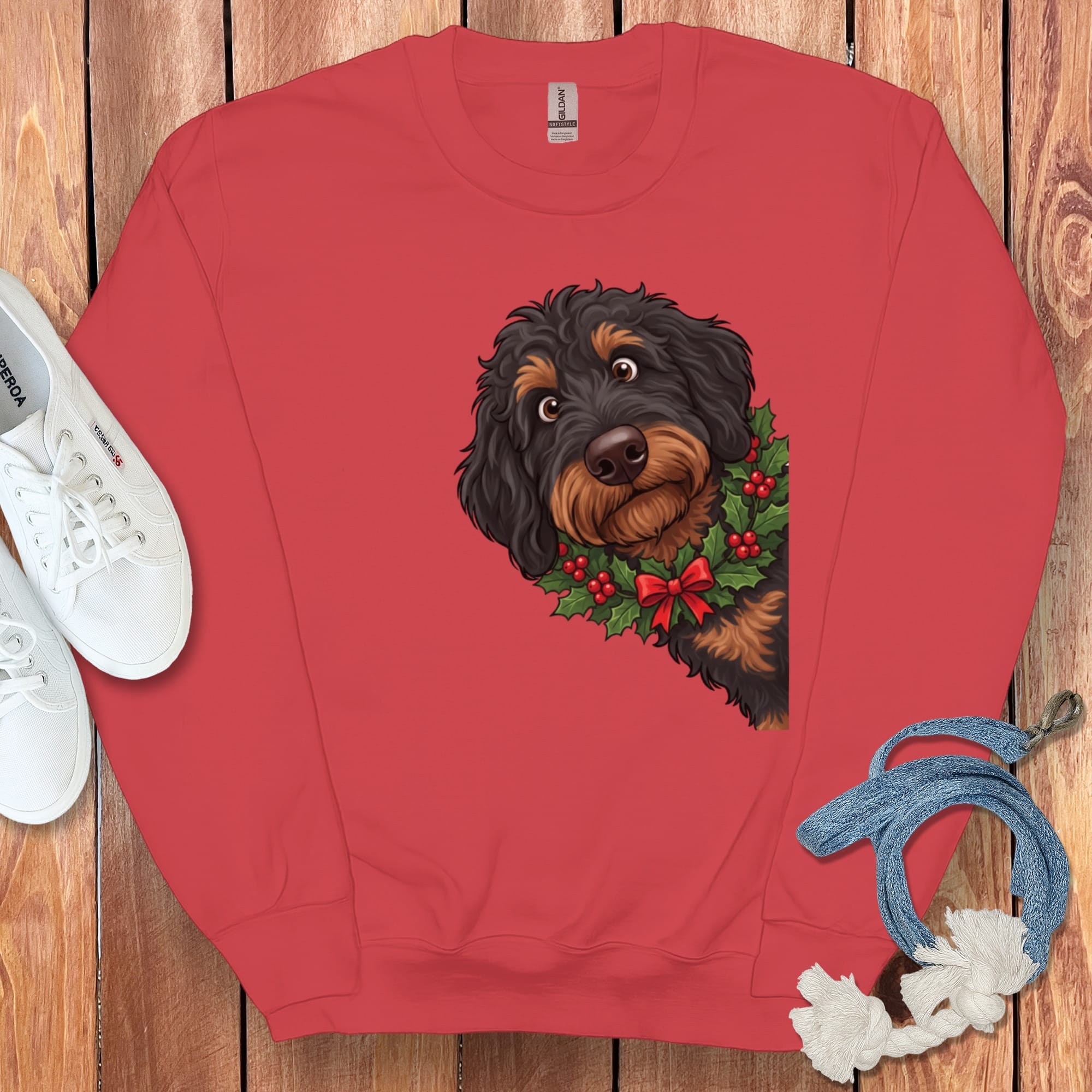 Peeking Holly Phantom Goldendoodle Sweatshirt in Red / M by Puppy Jo