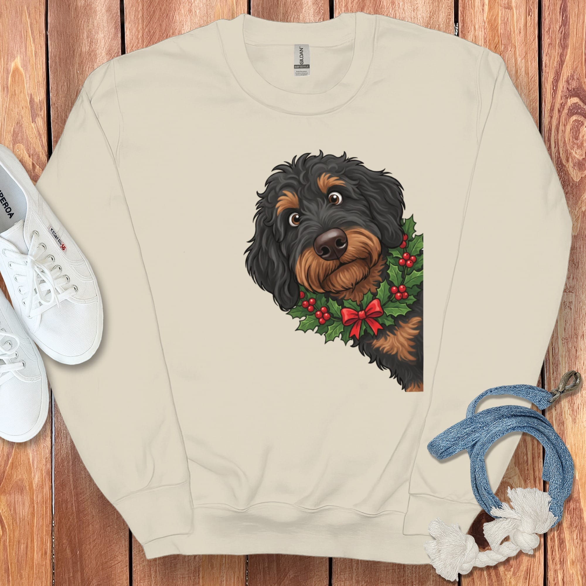 Peeking Holly Phantom Goldendoodle Sweatshirt in Sand / M by Puppy Jo