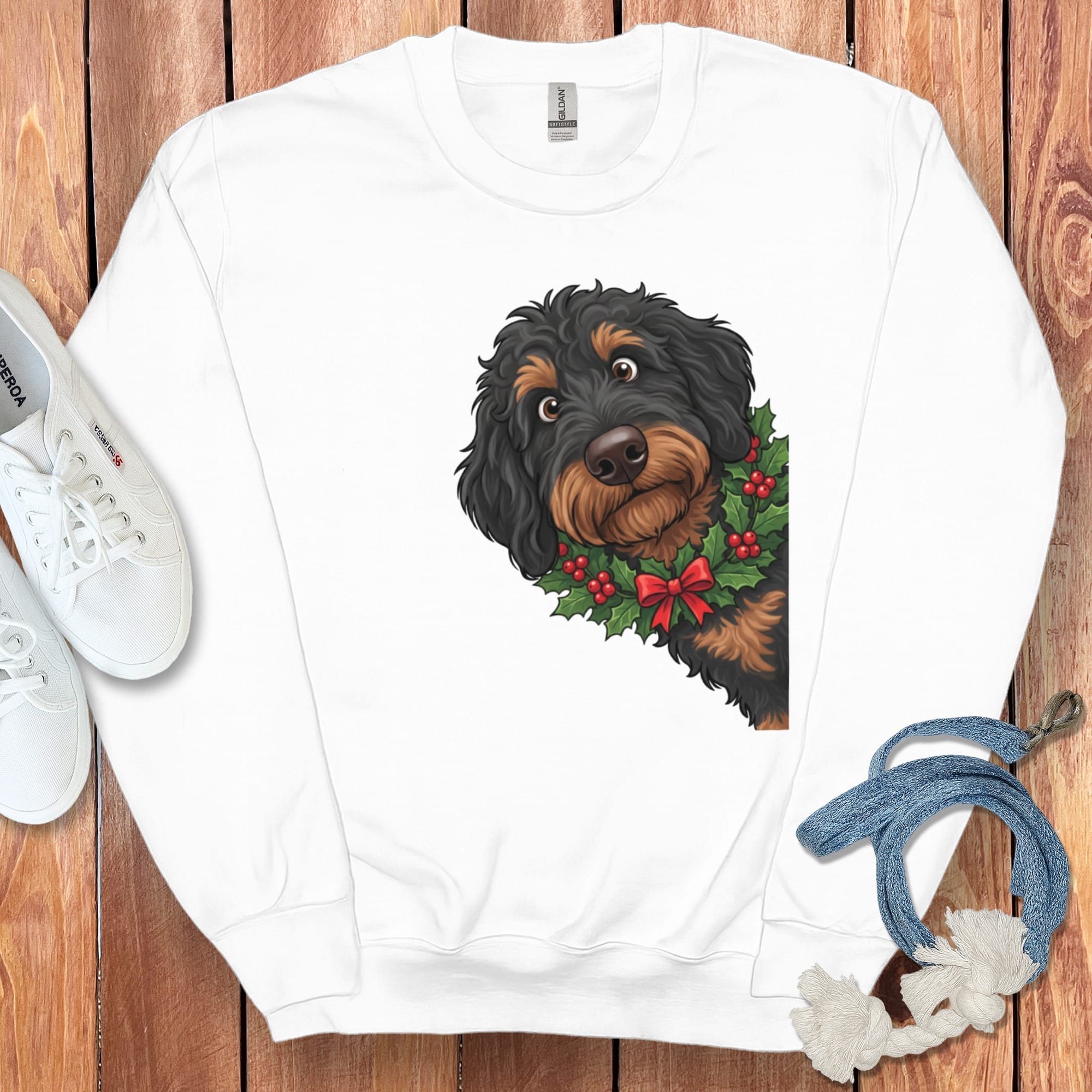 Peeking Holly Phantom Goldendoodle Sweatshirt in White / M by Puppy Jo