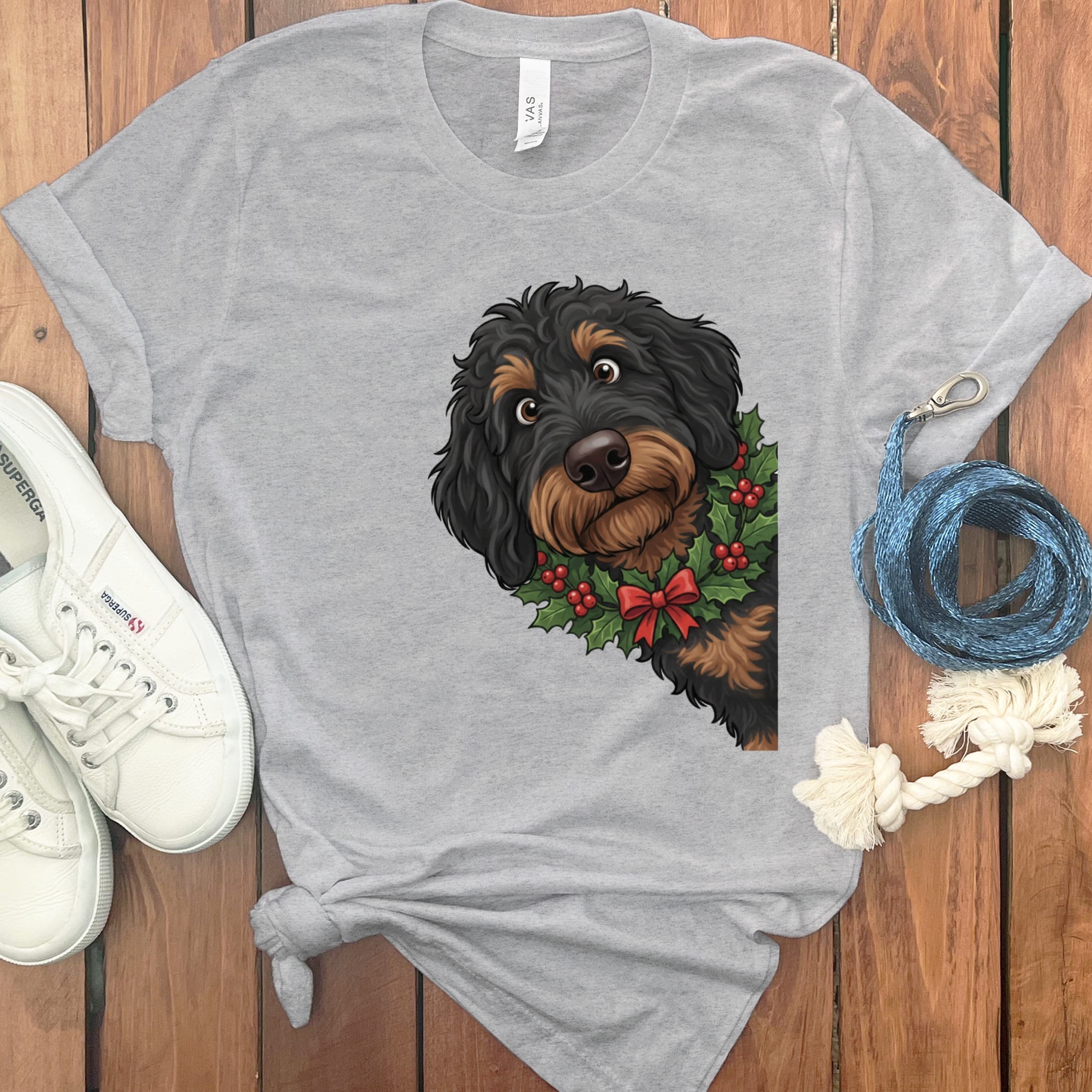 Peeking Holly Phantom Goldendoodle T-Shirt in Athletic Heather / M / T-Shirts by Puppy Jo