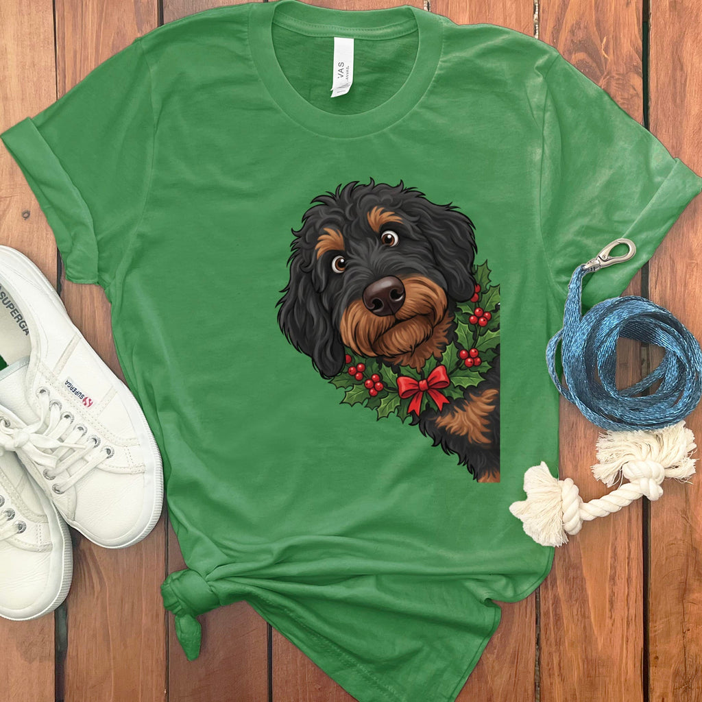 Peeking Holly Phantom Goldendoodle T-Shirt in Leaf / M / T-Shirts by Puppy Jo