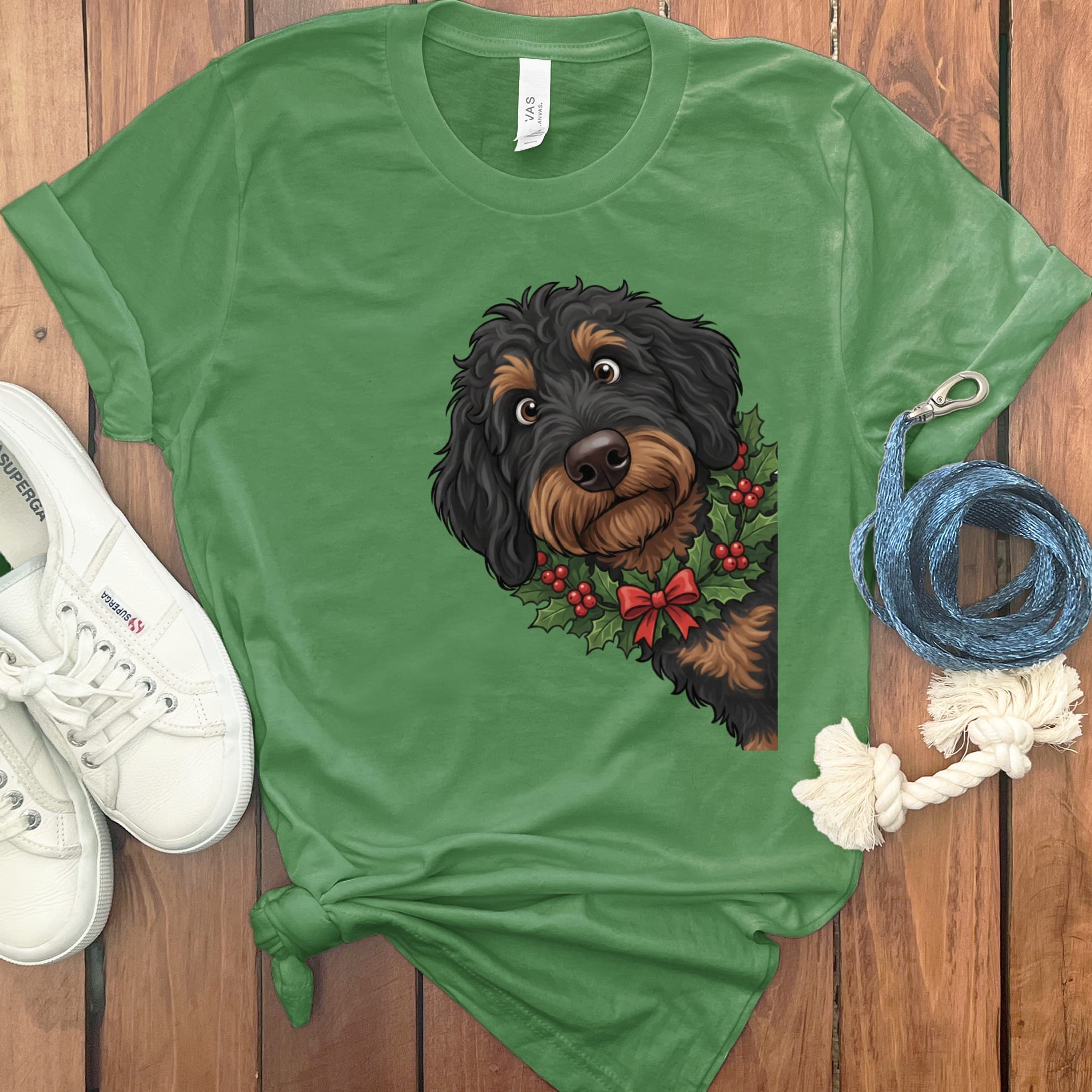 Peeking Holly Phantom Goldendoodle T-Shirt in Leaf / M / T-Shirts by Puppy Jo