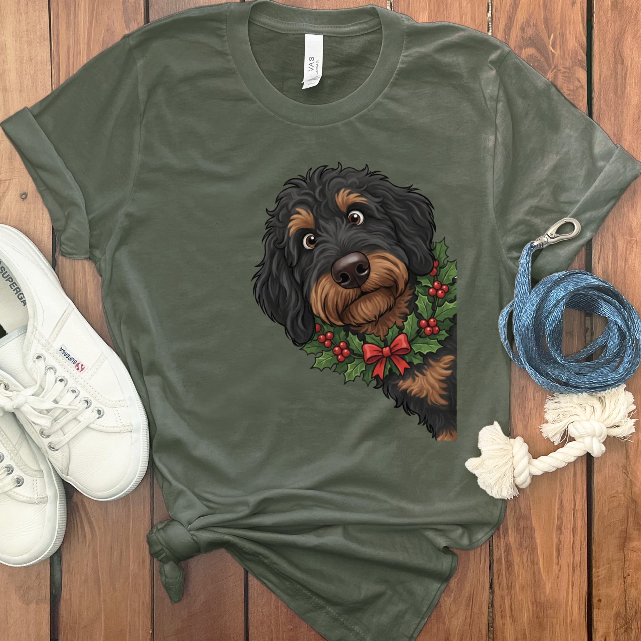 Peeking Holly Phantom Goldendoodle T-Shirt in Military Green / M / T-Shirts by Puppy Jo